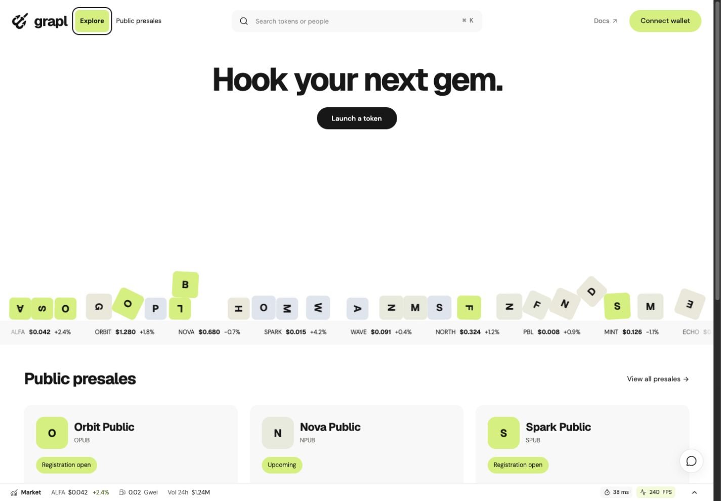 GRAPL Explore showing the search bar, Hook your next gem headline, token pile and sample public presale cards