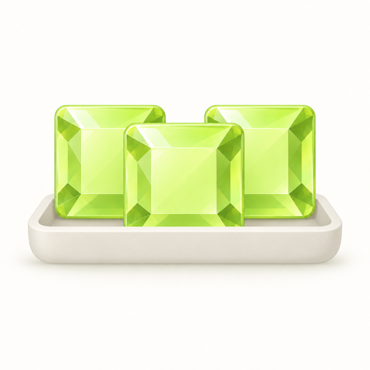 Three translucent rounded square green GEM tiles arranged above a shallow stone-colored reserve tray