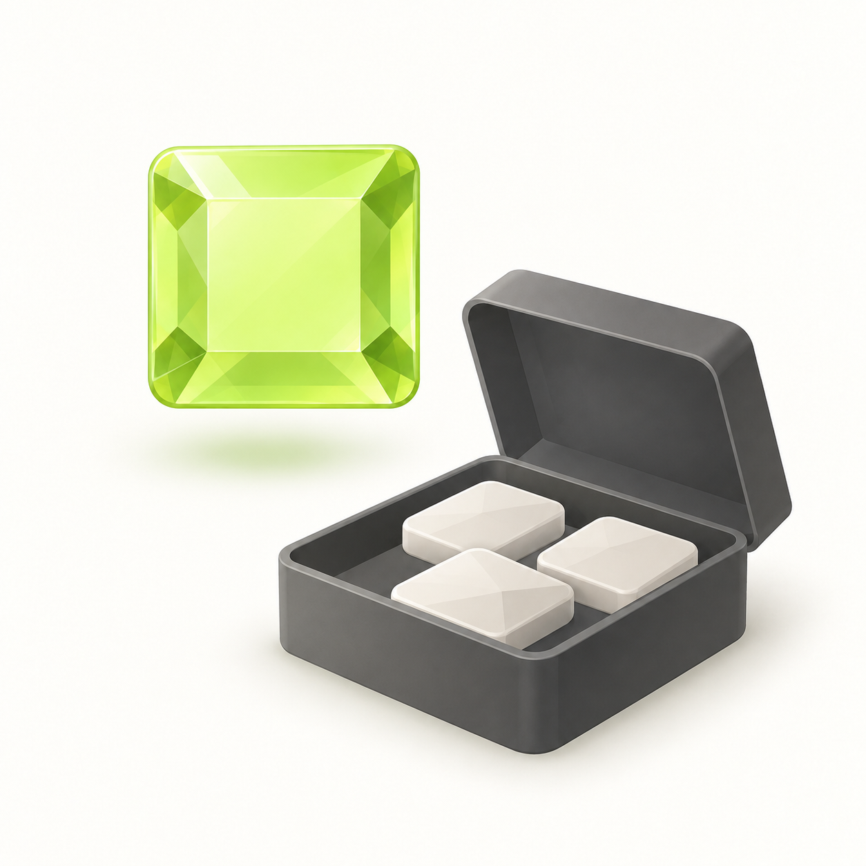 A rounded square green GEM beside an open graphite reward box with pale token tiles