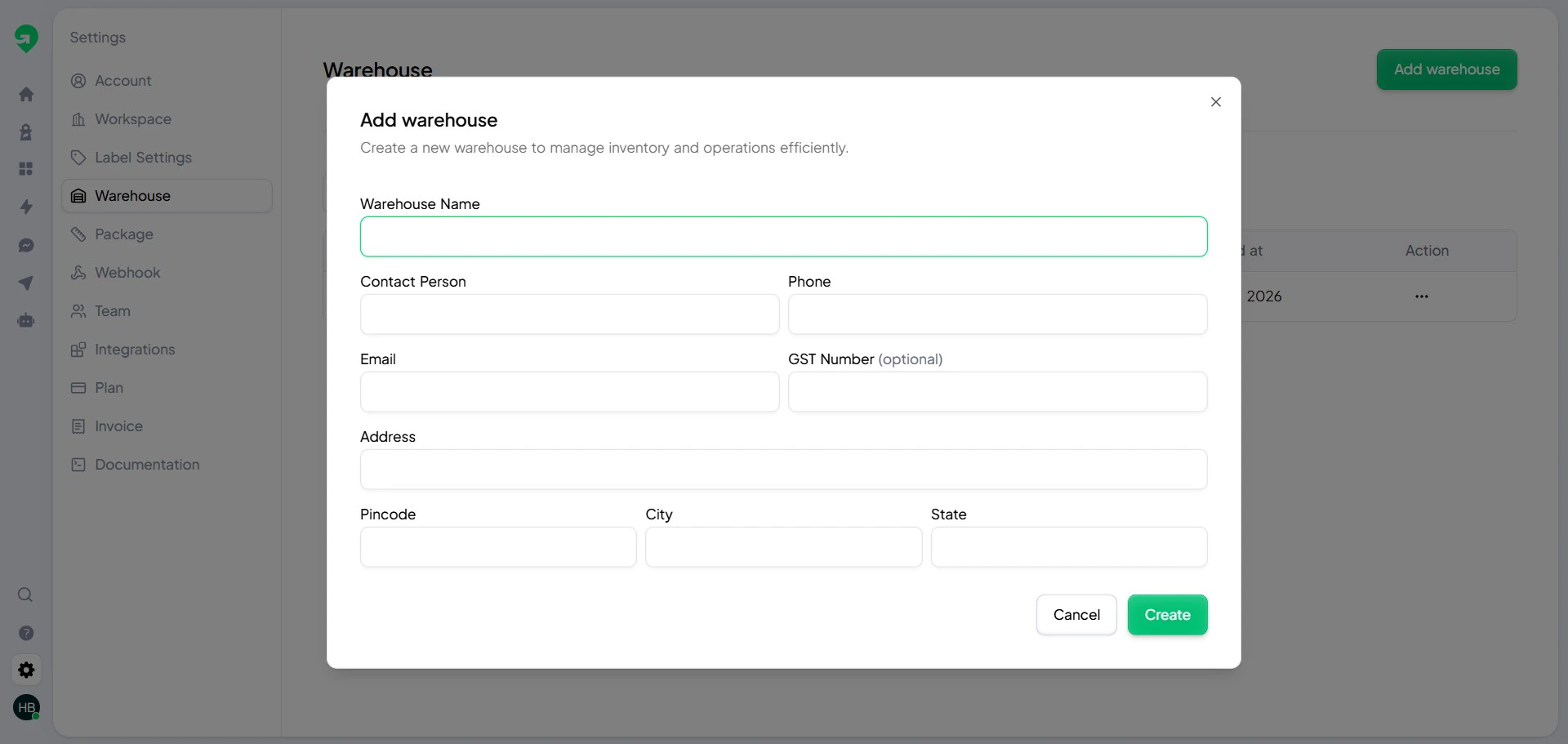 Add warehouse form in Gratero.