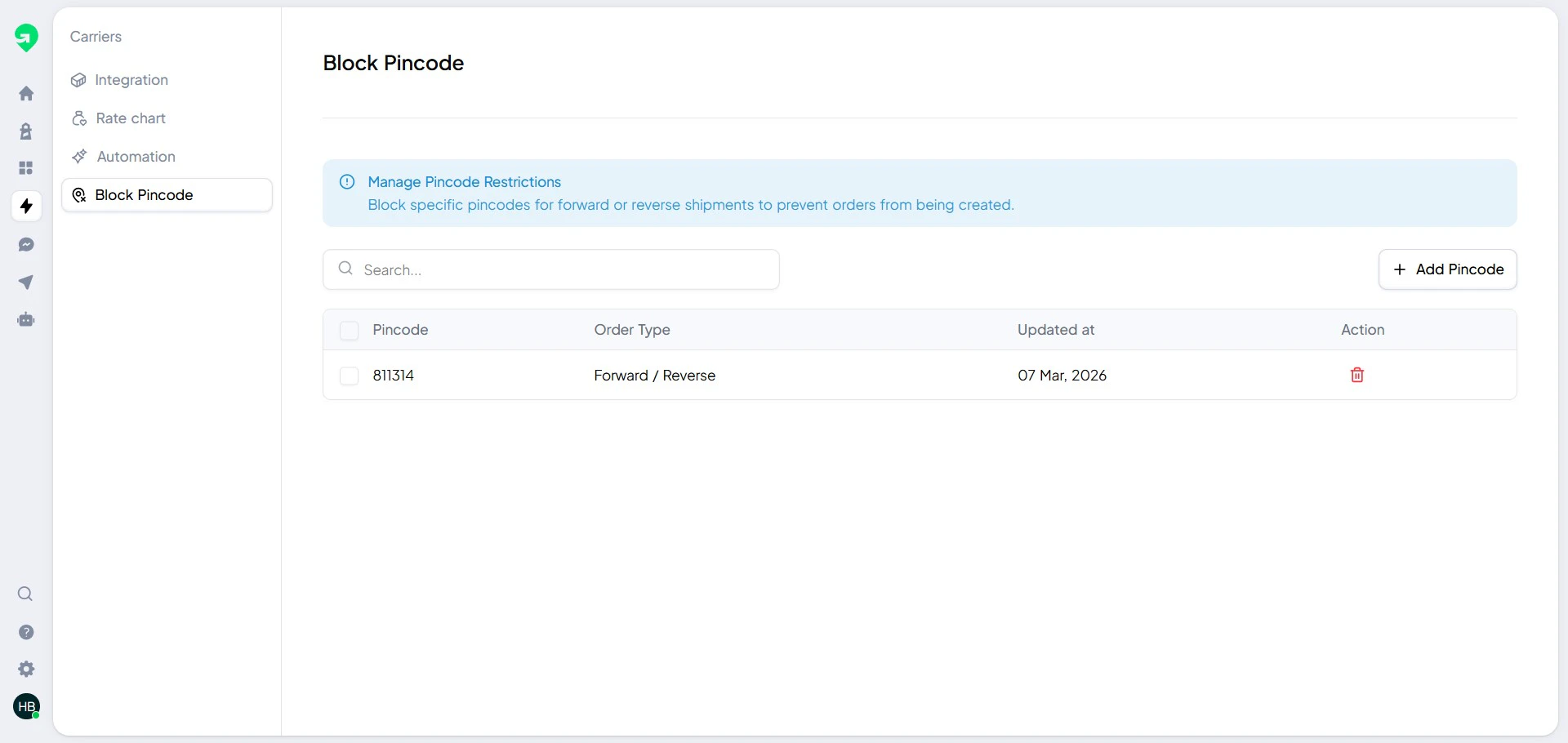 Blocked pin code management screen.