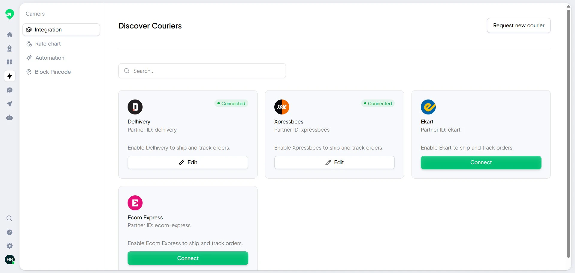 Carrier setup screen in Gratero.