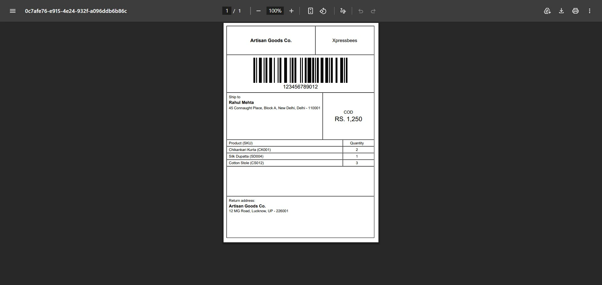 Shipping label preview.
