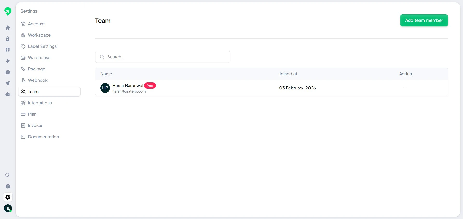 Team settings panel in Gratero.