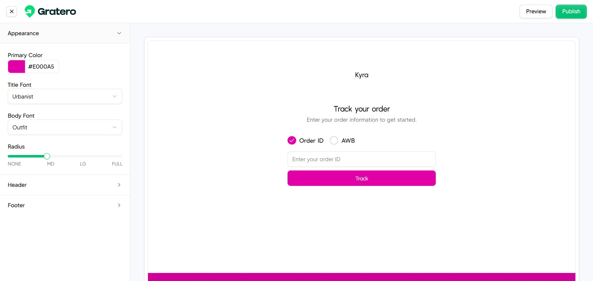 Tracking page settings screen.