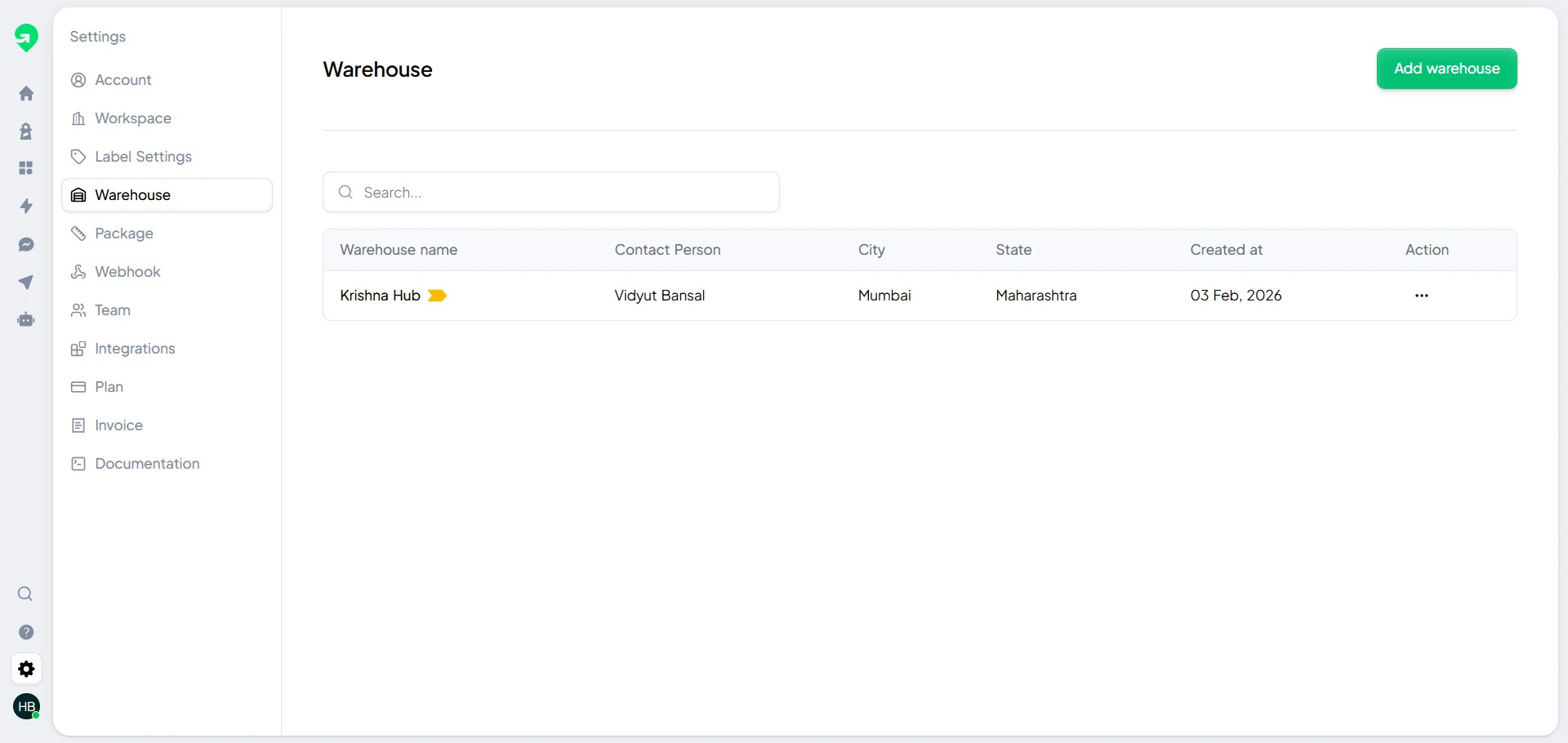 Warehouse list in Gratero.