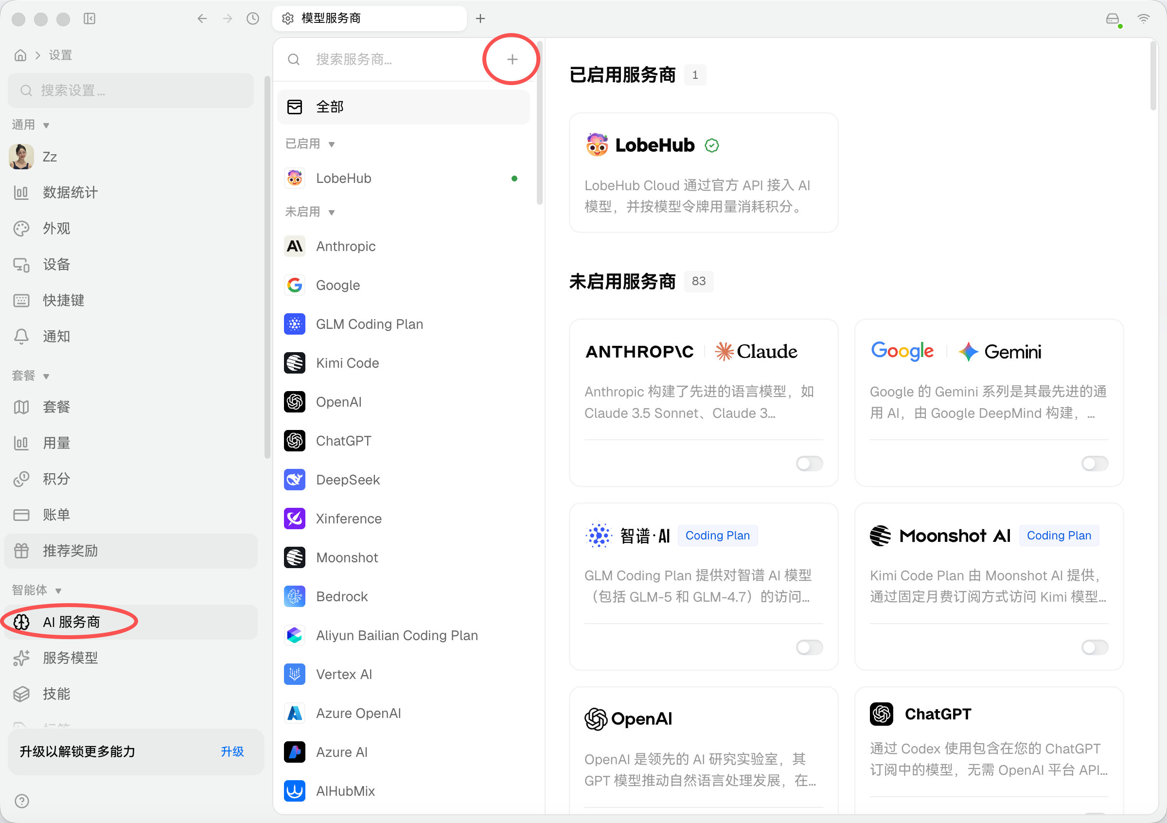 打开 LobeHub 设置并添加自定义服务商