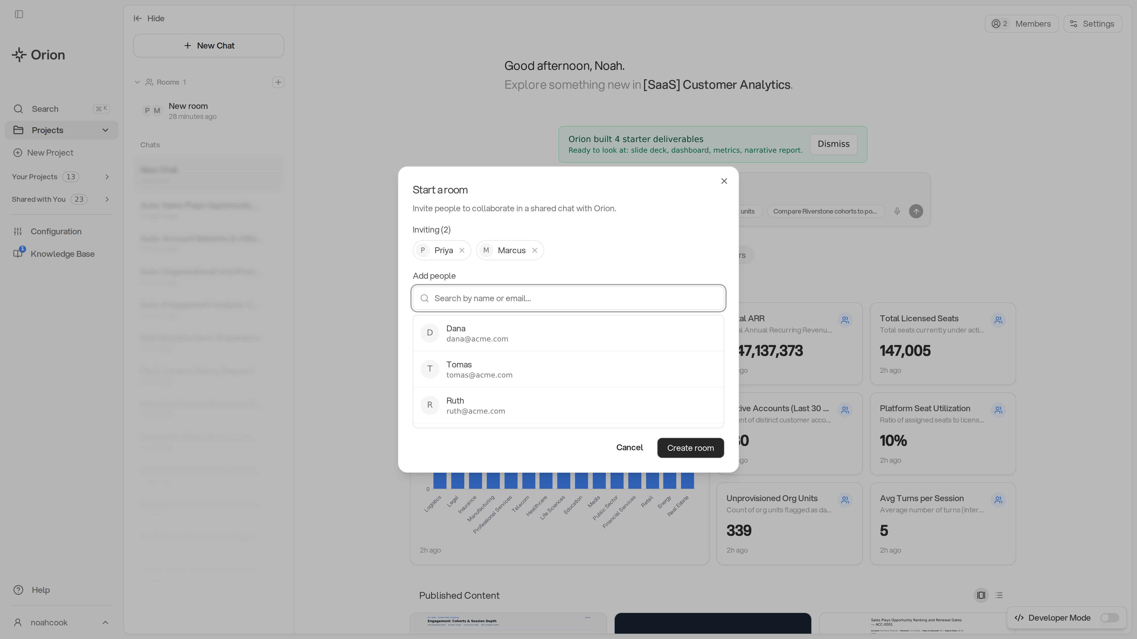 The Start a room dialog, with two people staged on the invite list and the Create room button enabled