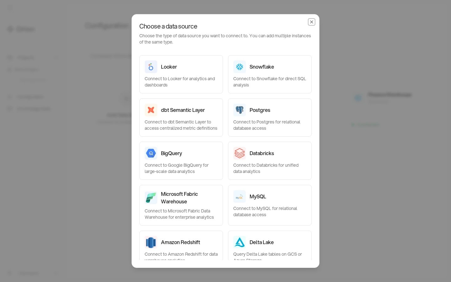 The Choose a data source modal listing supported source types