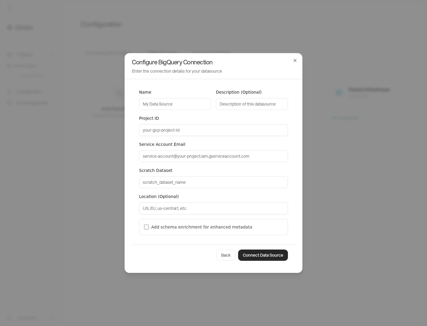 The Configure BigQuery Connection form in Orion