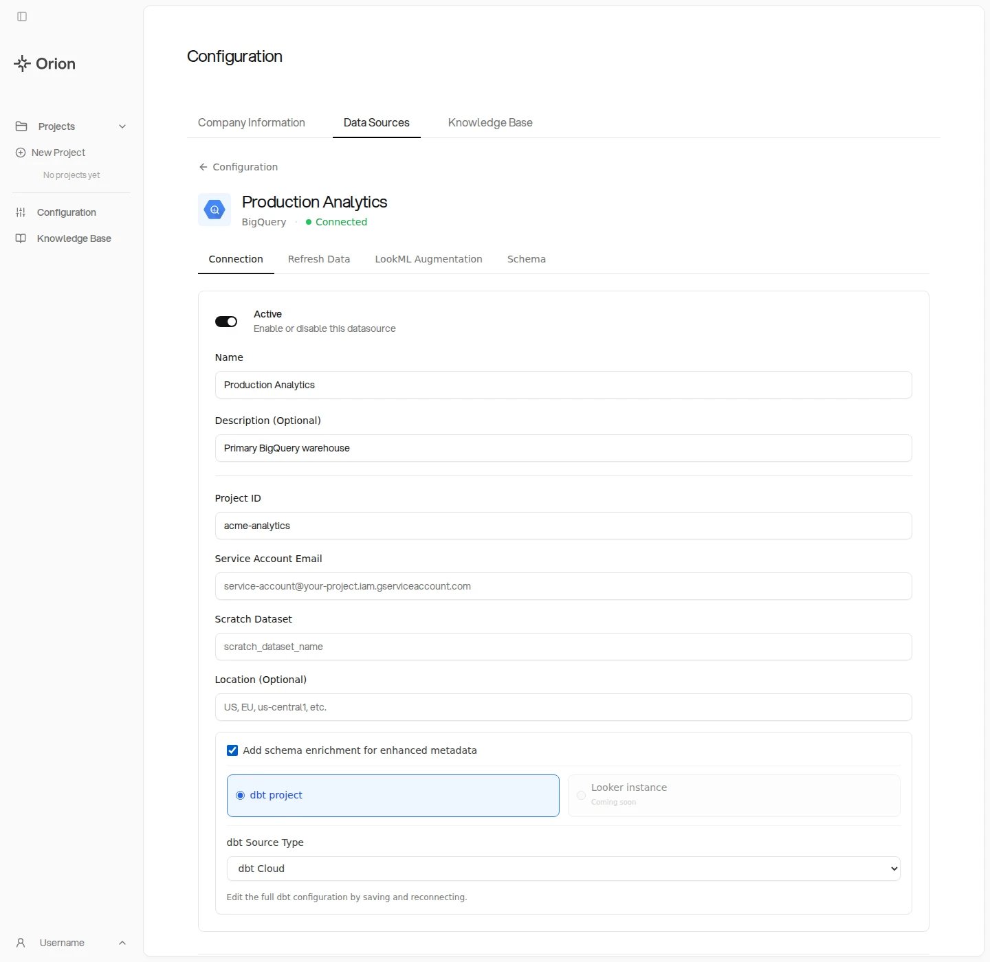 A data source in edit mode with schema enrichment enabled and dbt project selected