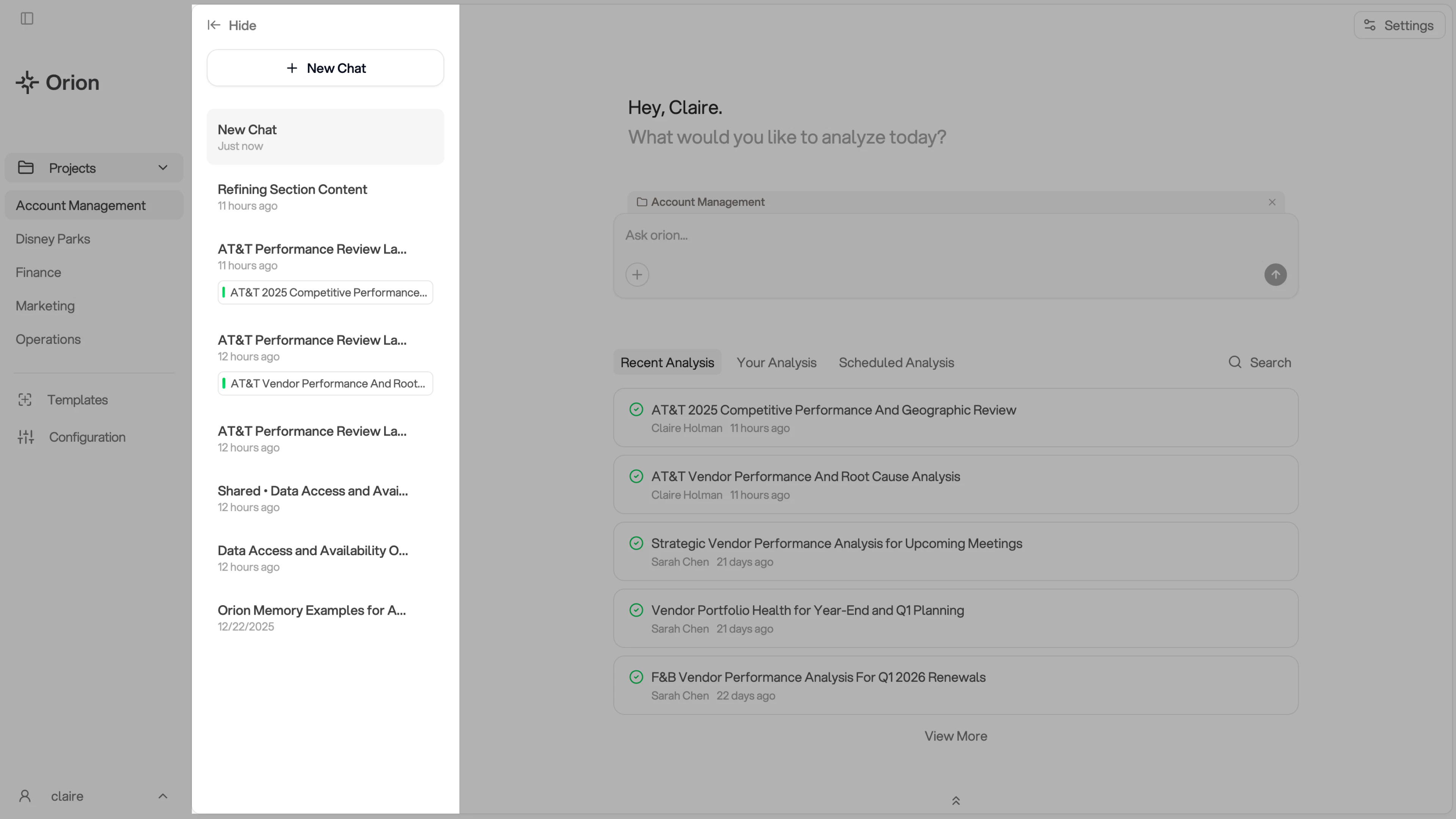 Chat history interface showing sidebar with list of conversations, new chat button, and navigation