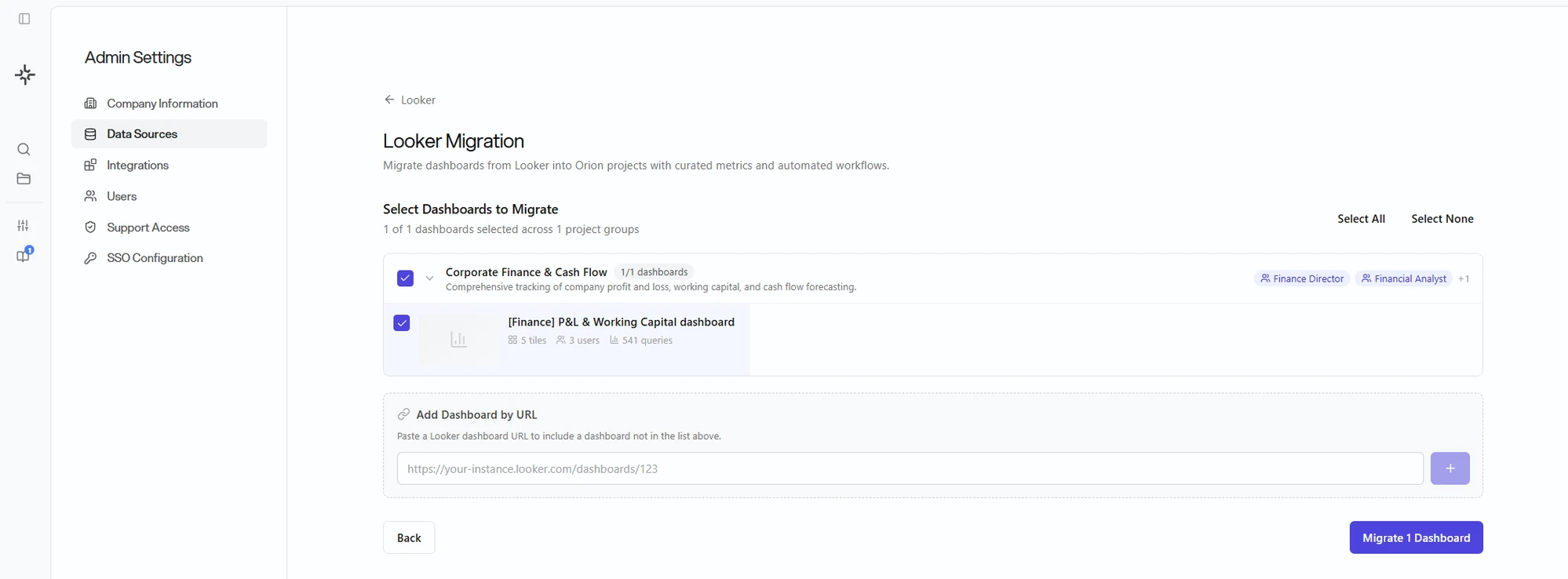 The Select Dashboards to Migrate step on the Looker Migration screen. A Corporate Finance and Cash Flow project group holds one selected dashboard with tile, user, and query counts, above Add Dashboard by URL and a Migrate 1 Dashboard button
