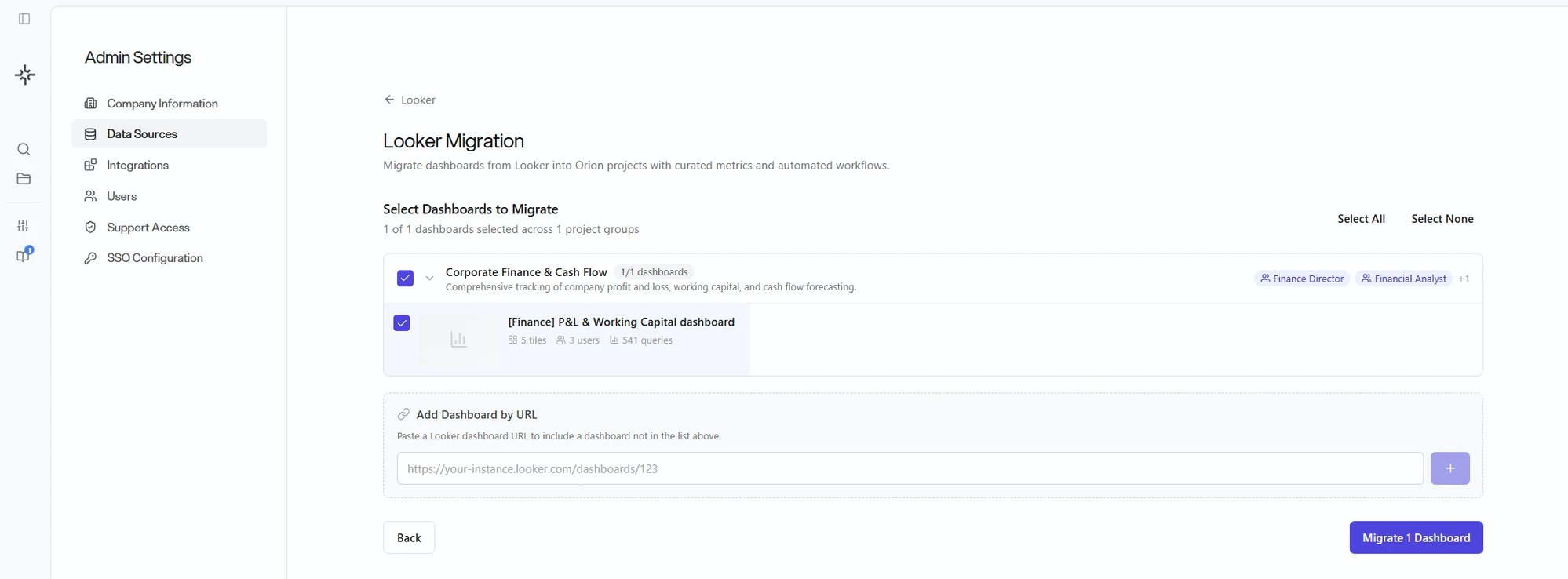 The Select Dashboards to Migrate step on the Looker Migration screen. A Corporate Finance and Cash Flow project group holds one selected dashboard with tile, user, and query counts, above Add Dashboard by URL and a Migrate 1 Dashboard button
