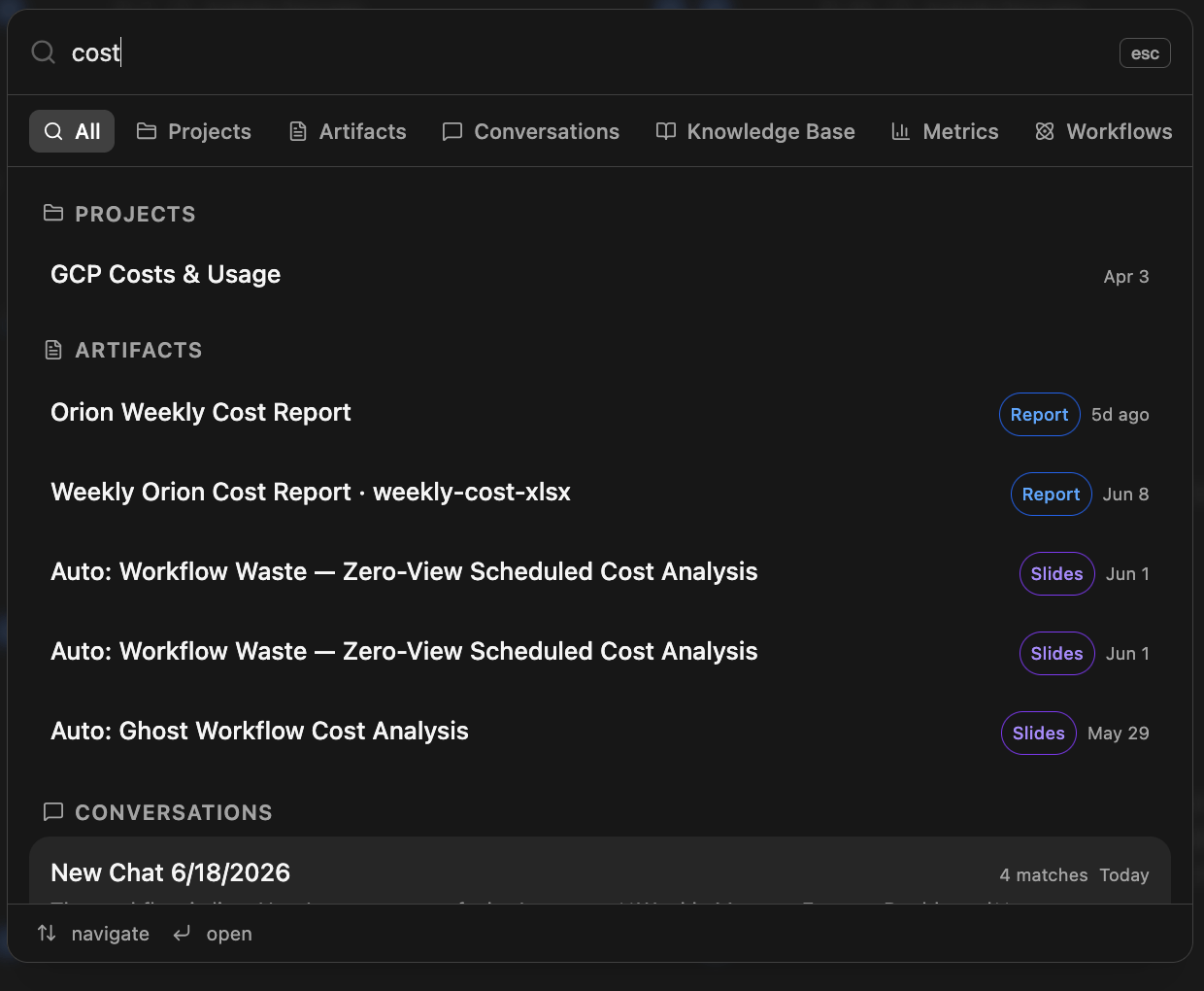 Global search showing results for 'cost' across Projects, Artifacts, and Conversations