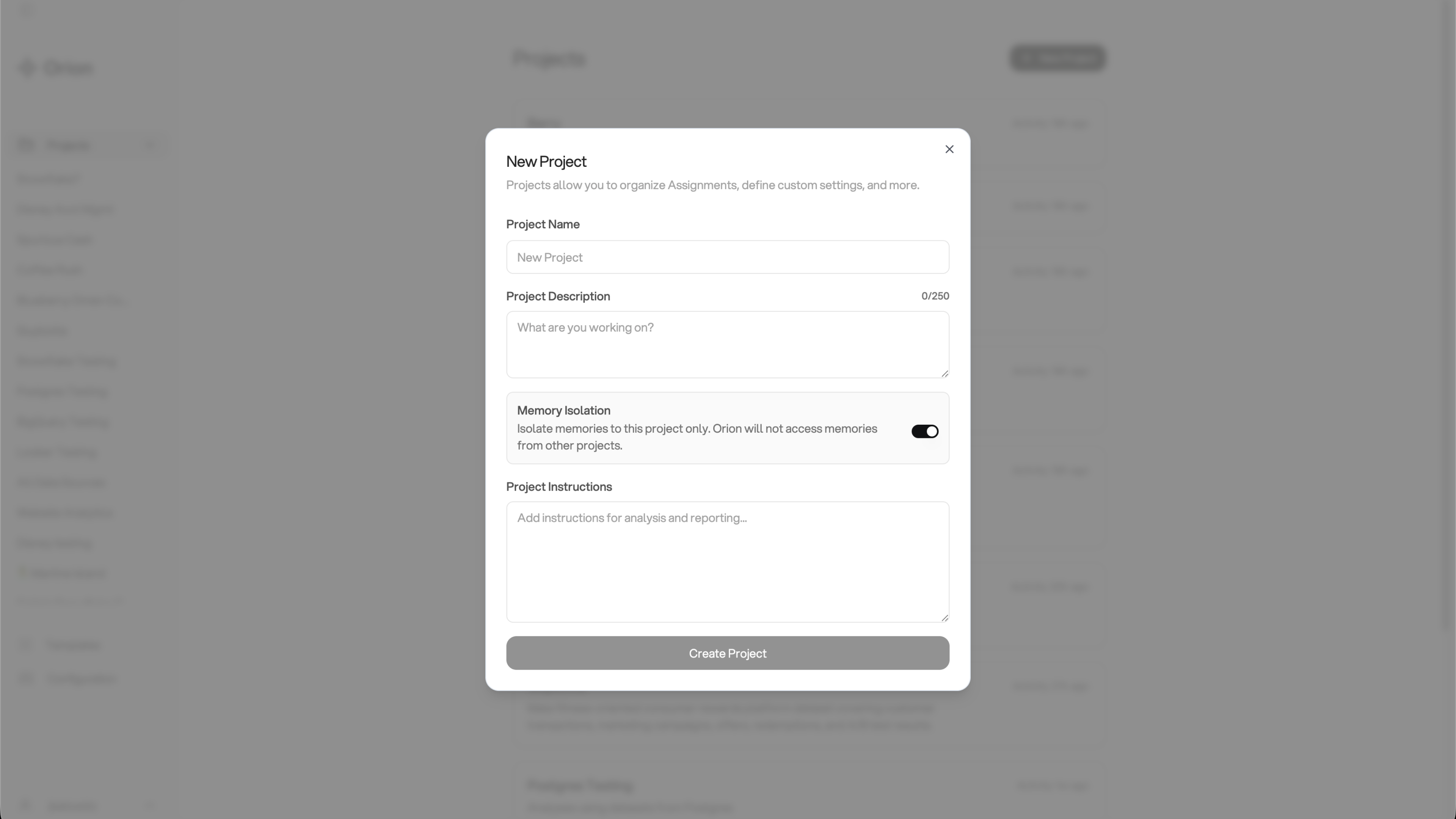 Create new project dialog in Orion