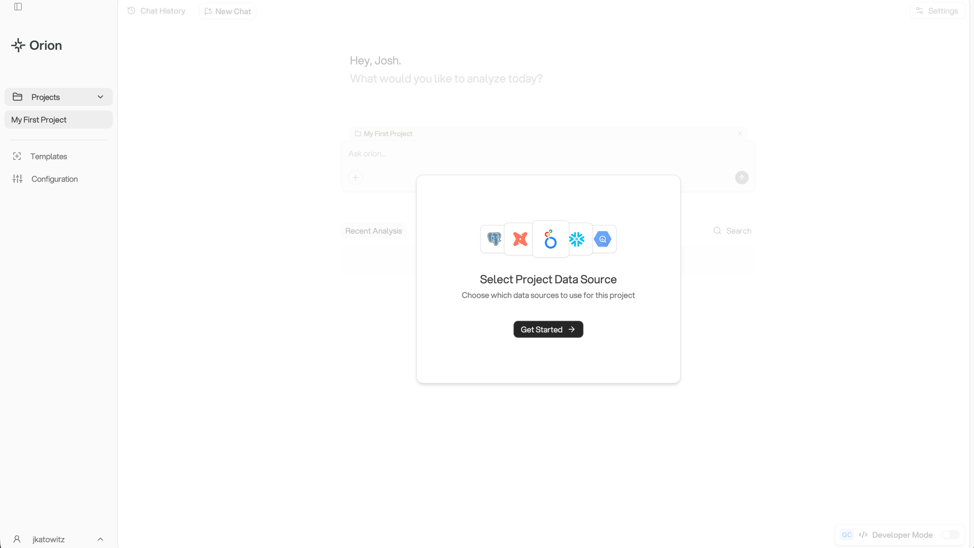 Get started with new project dialog showing data source selection