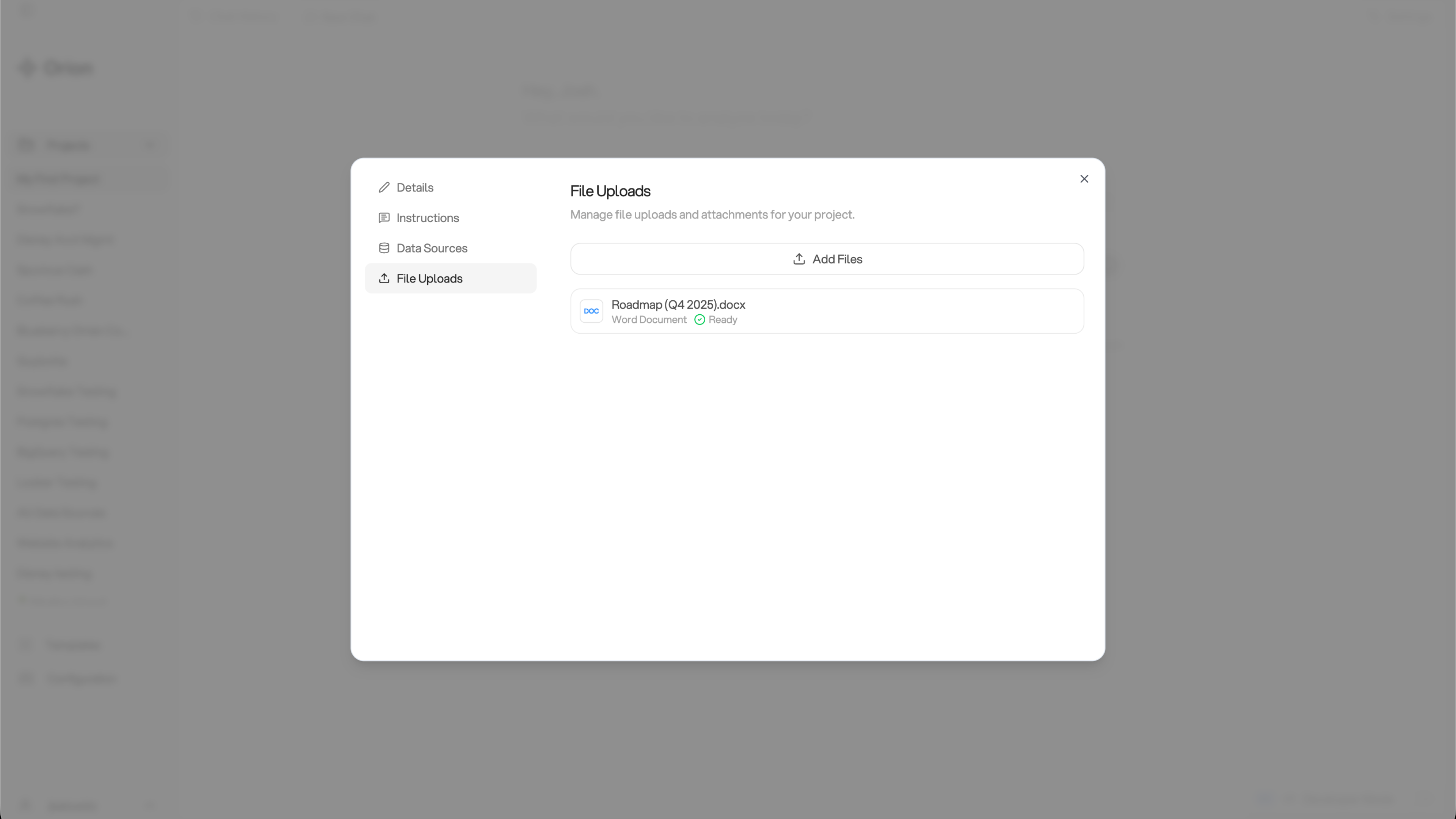 File uploads tab in project settings modal