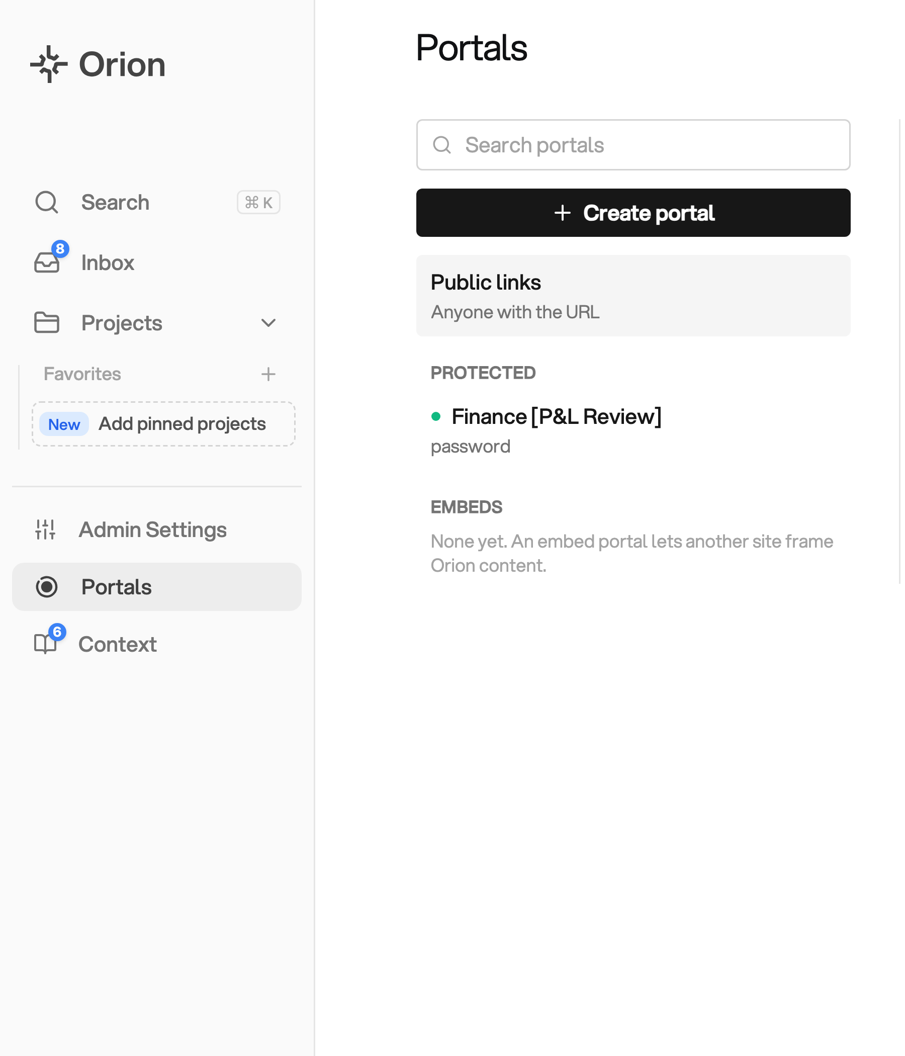 The left-hand navigation menu has Portals selected. The Portals screen shows a search field, Create portal, Public links, and a list of protected portals