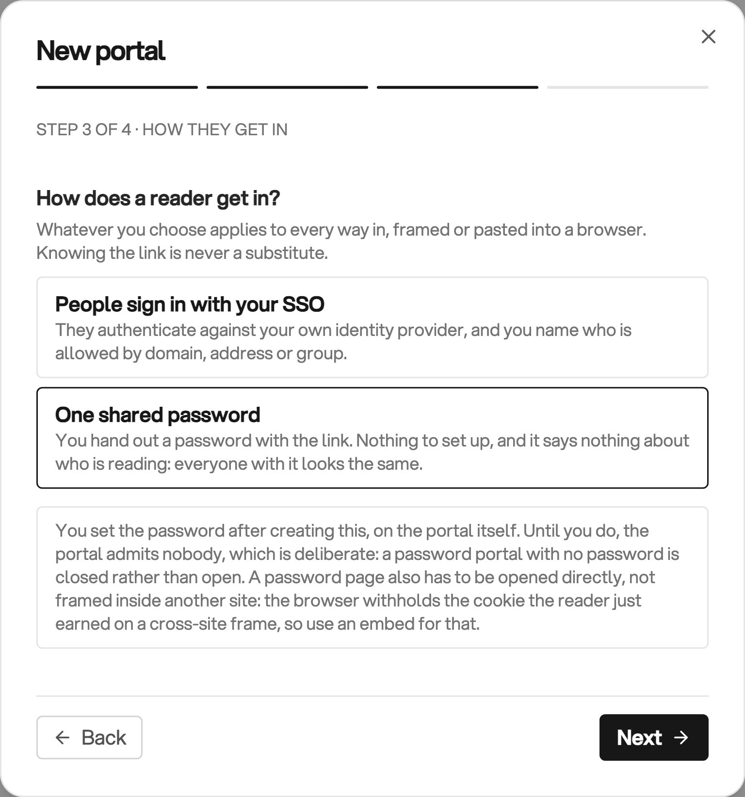 The New portal dialog shows People sign in with your SSO and One shared password. The selected password option explains setup after creation and direct browser access