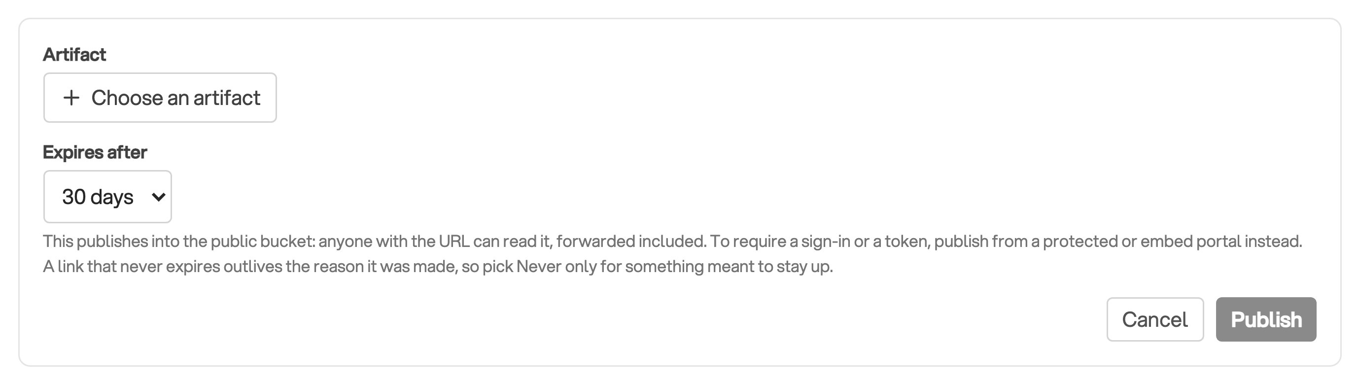 The public-link publishing form has Choose an artifact and Expires after controls, an explanation that anyone with the URL can read, and Cancel and Publish buttons
