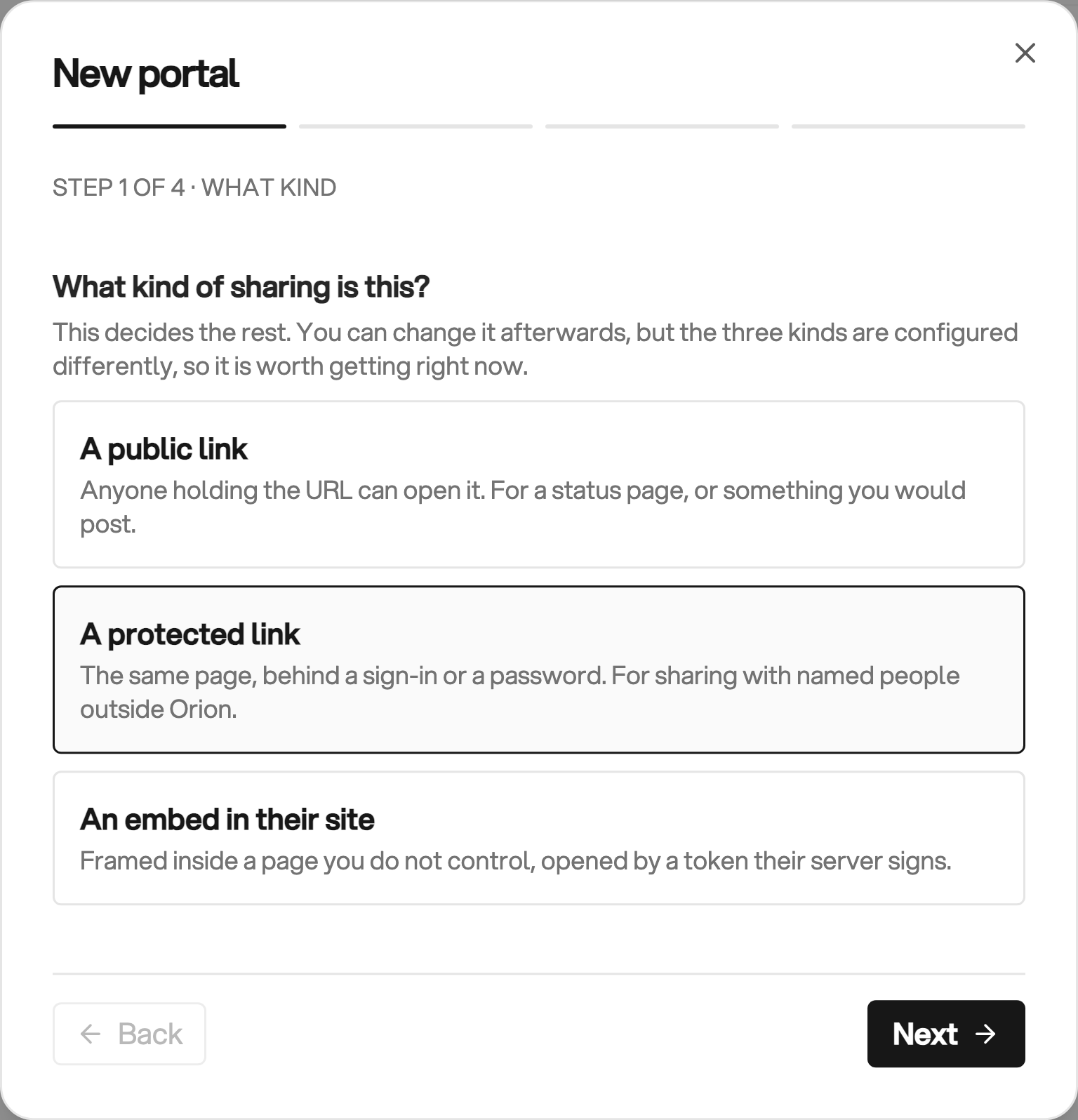 The New portal dialog offers A public link, A protected link, and An embed in their site. Each option explains its audience and access method