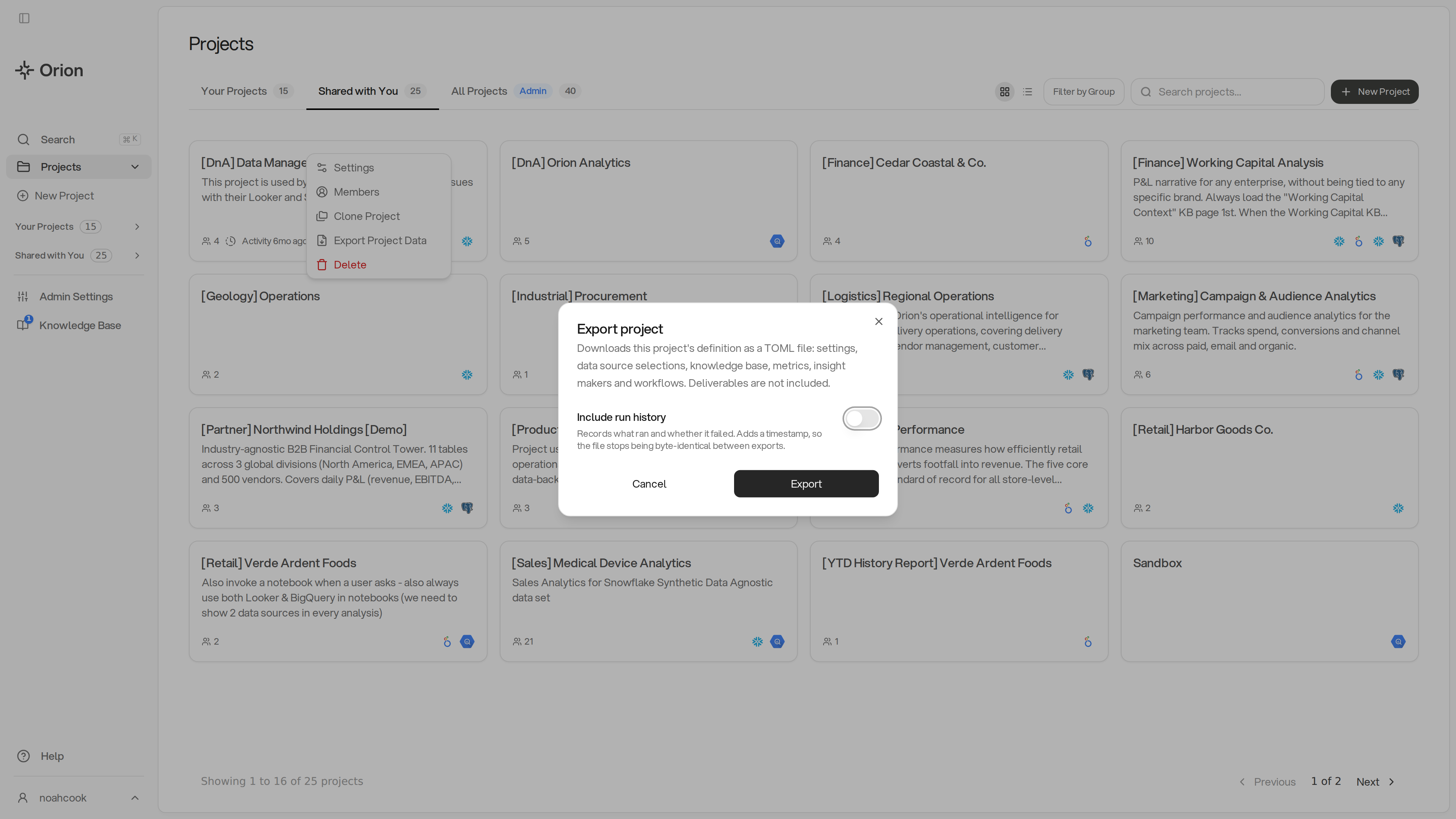 The Export project dialog over the Projects page. It says the download holds the project's definition as a TOML file and that deliverables are not included. Below that are an Include run history switch, turned off, and Cancel and Export buttons
