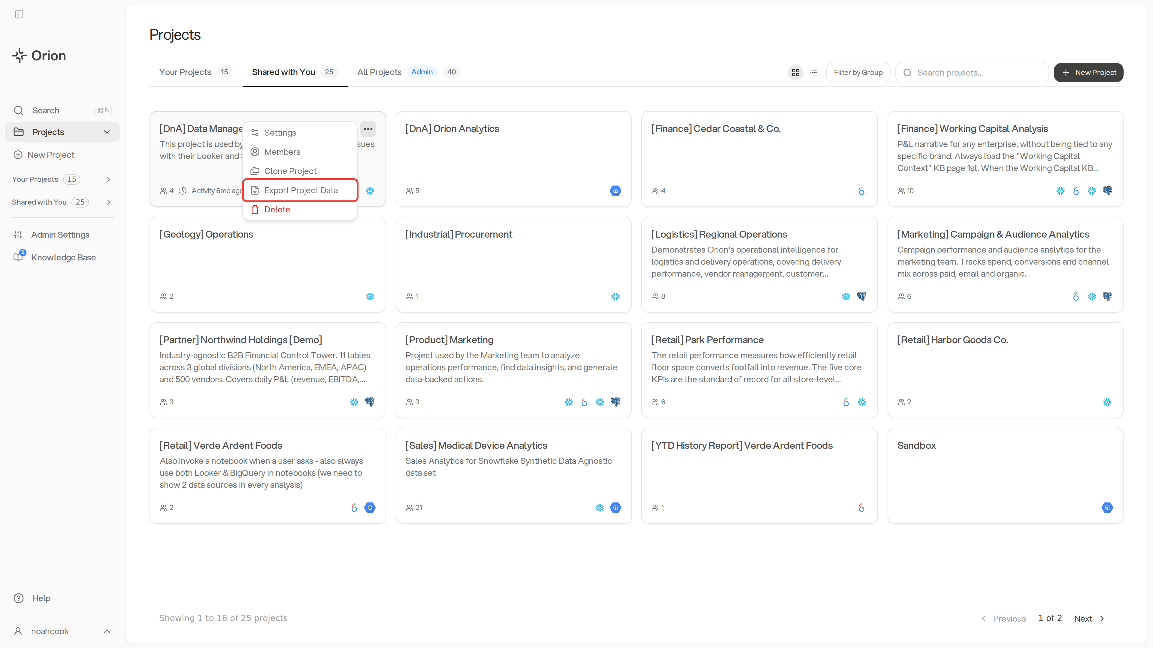 The Projects page with one project's actions menu open. The menu lists Settings, Members, Clone Project, Export Project Data, and Delete. Export Project Data is outlined in red