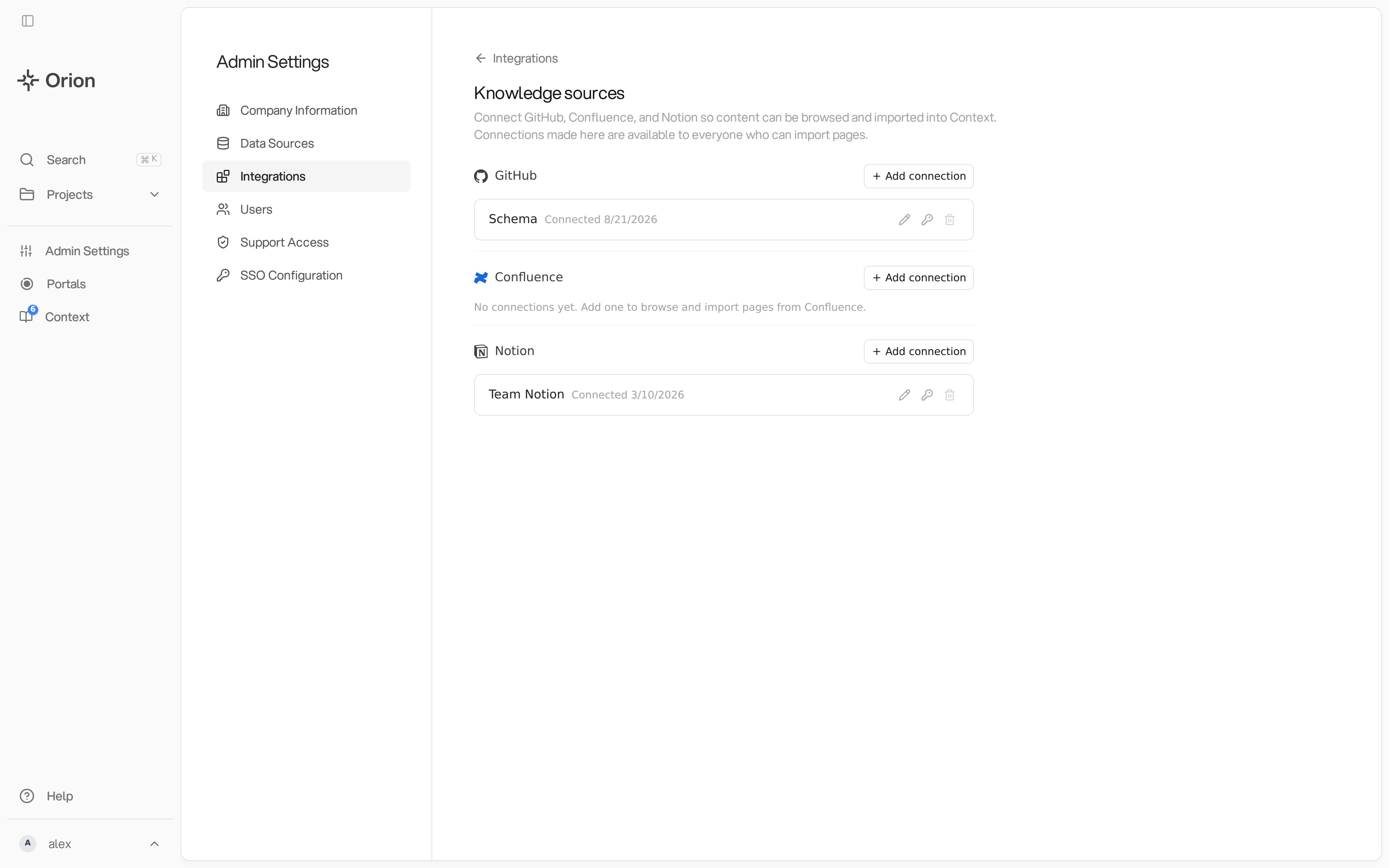 Admin Settings with Integrations selected and the Knowledge sources page open, listing GitHub with a Schema connection, Confluence with no connections, and Notion with a Team Notion connection, each with an Add connection button