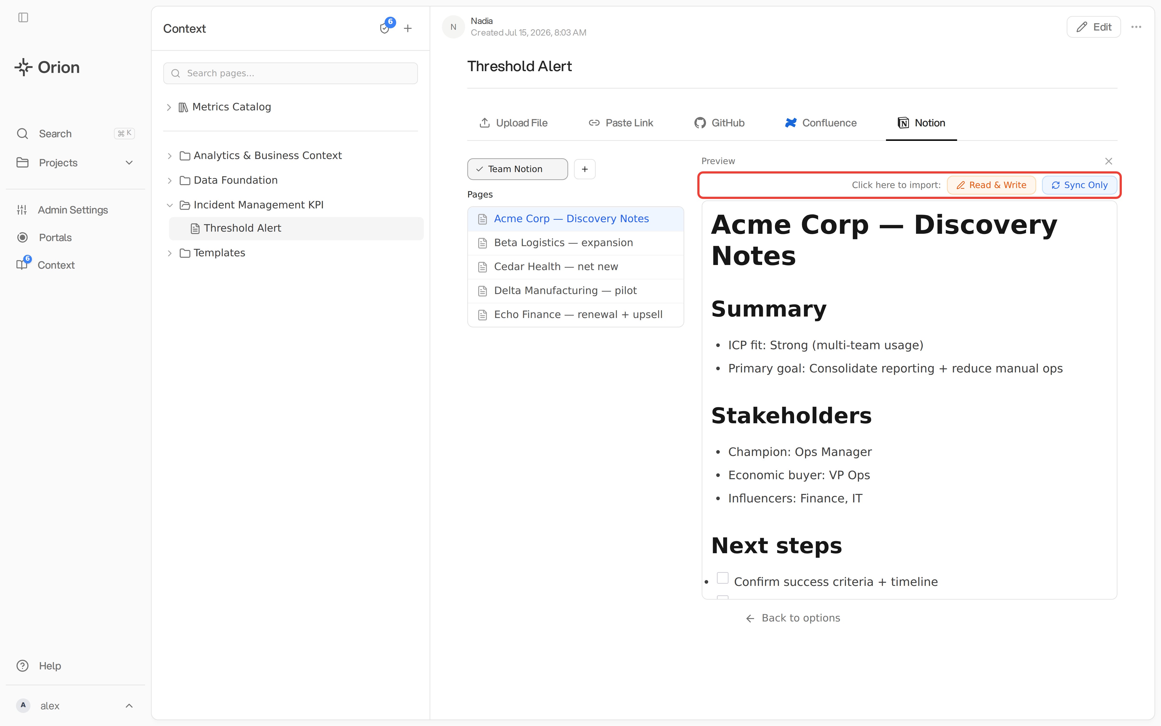 Empty Context page named Threshold Alert with the Import panel on the Notion tab, the Team Notion connection, five pages, and a preview of one page, with the Read & Write and Sync Only buttons outlined in red