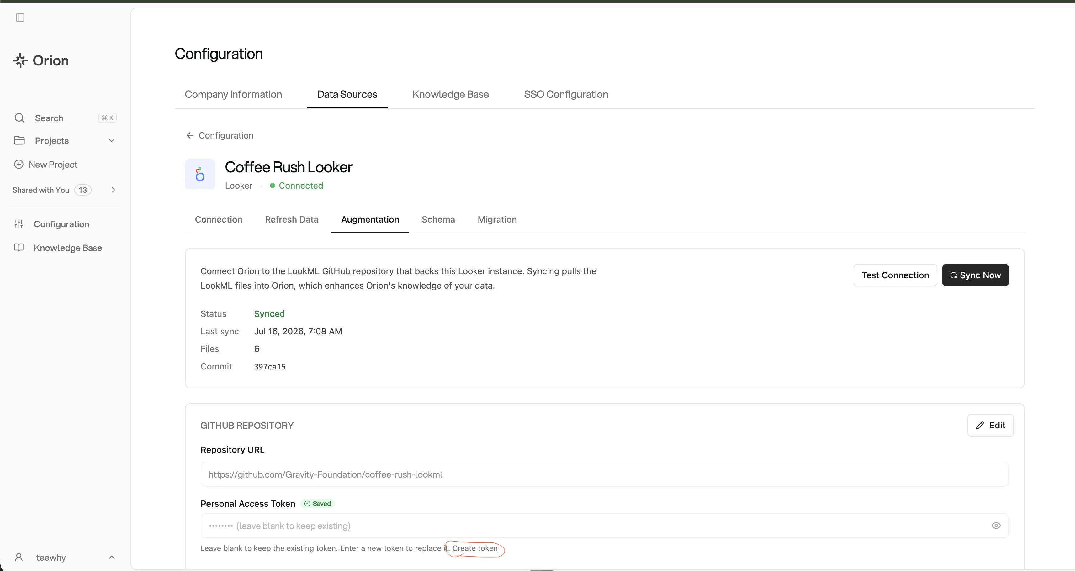 The Create token link beneath the Personal Access Token field on the Augmentation tab