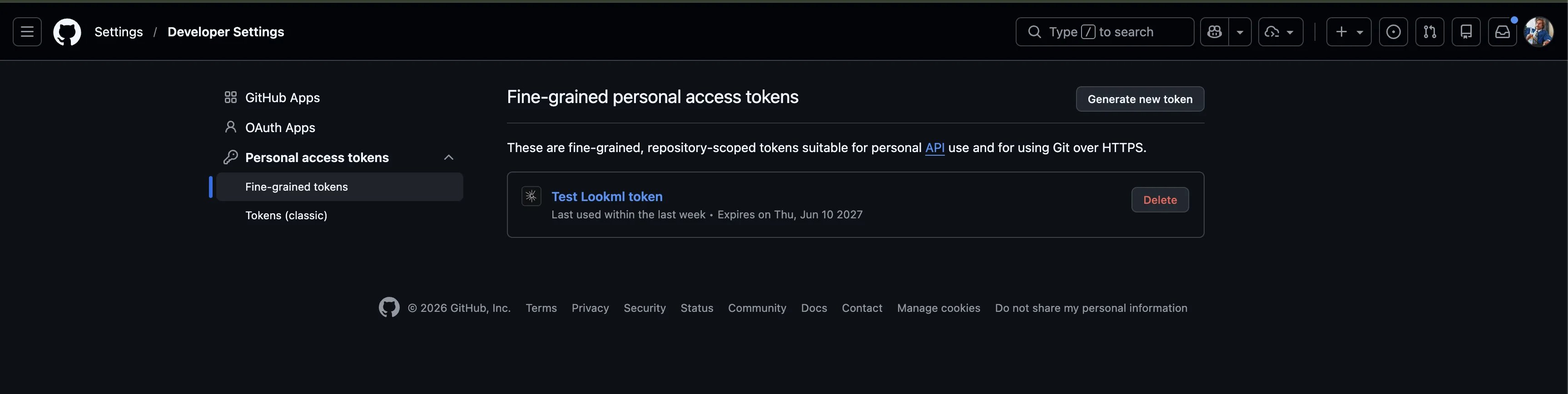 GitHub's fine-grained personal access tokens page with the Generate new token button