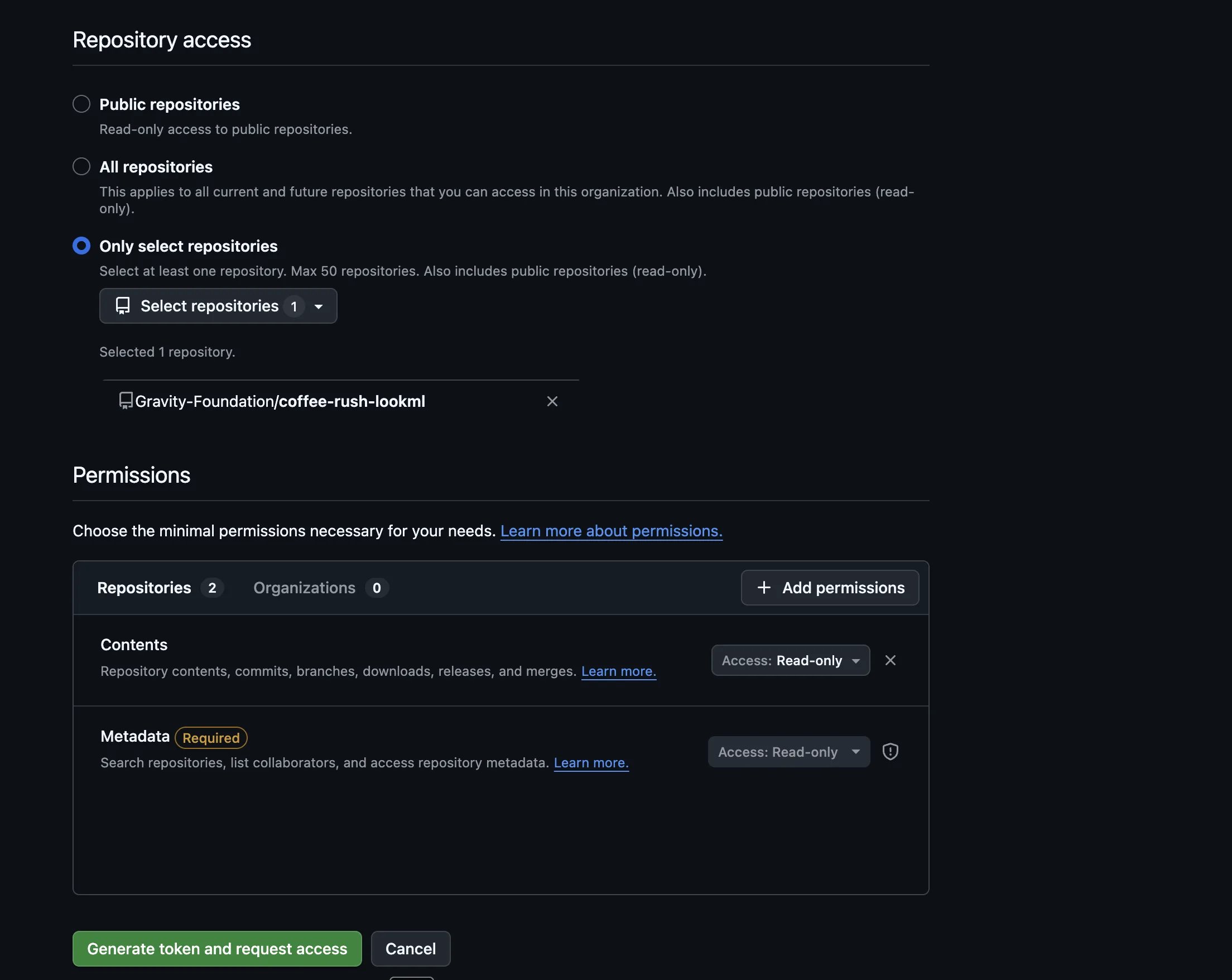 Repository access set to the LookML repo, with Contents and Metadata permissions set to Read-only