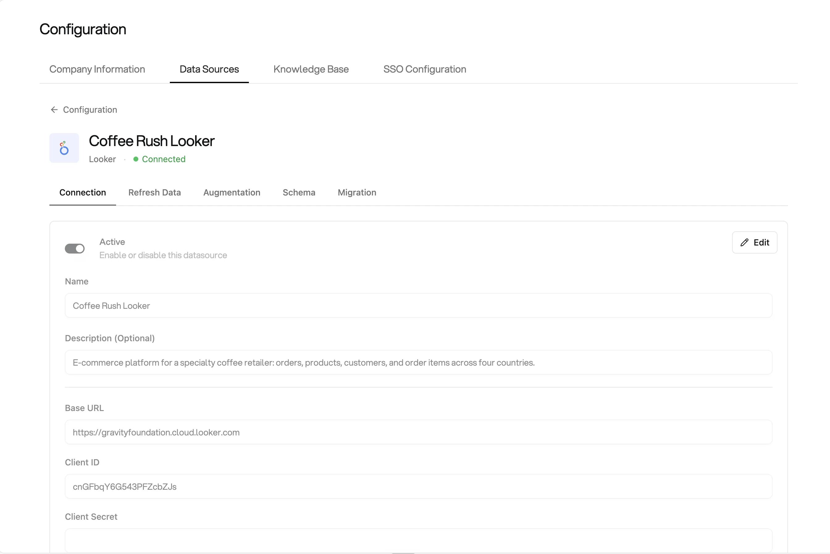 The Coffee Rush Looker datasource in Orion Configuration, with the Connection, Refresh Data, Augmentation, Schema, and Migration tabs