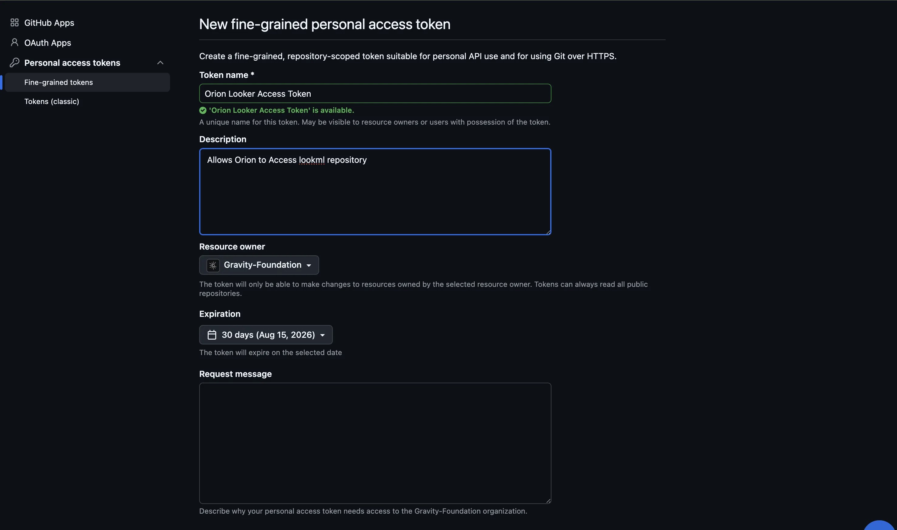 The new fine-grained token form with token name, resource owner, and expiration fields
