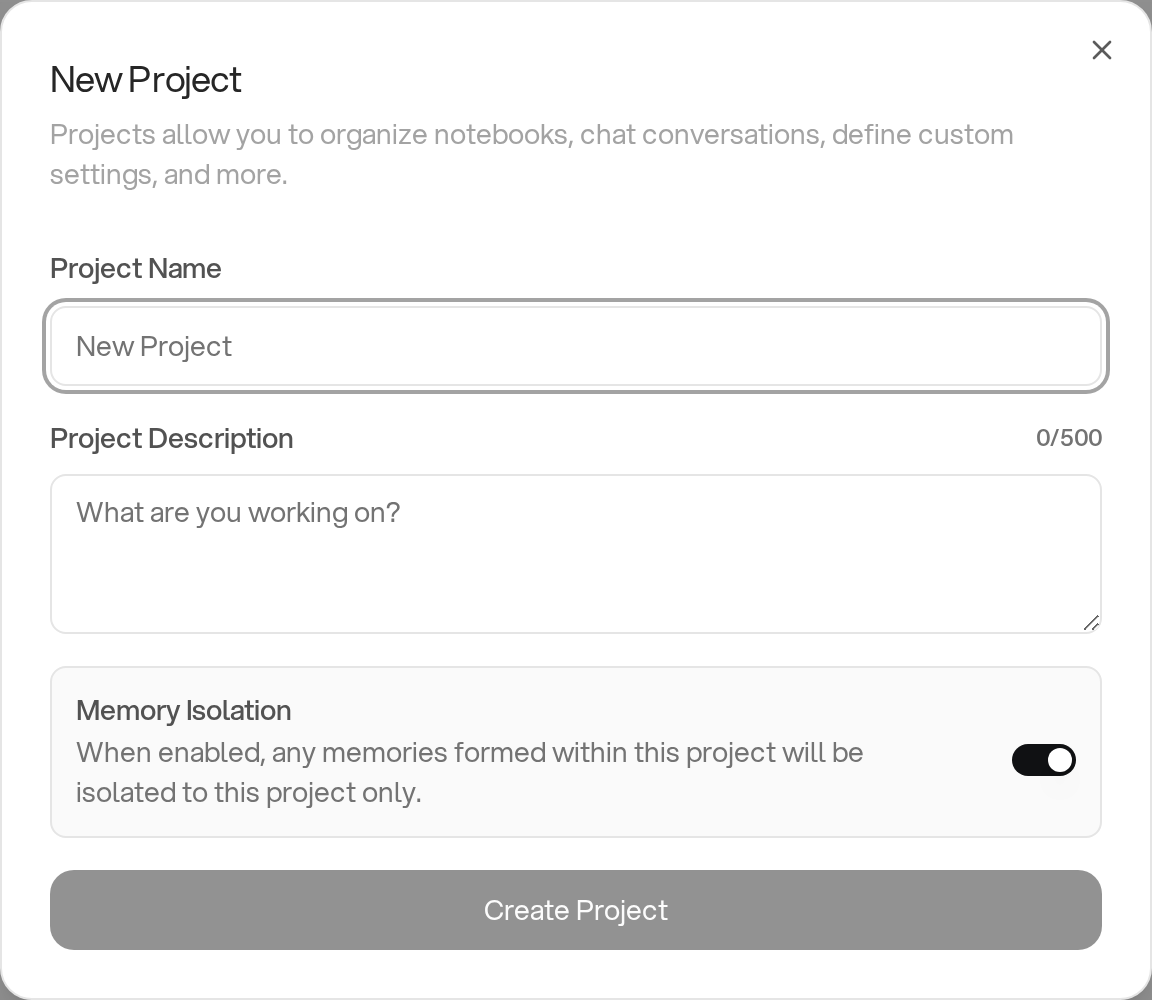 Create new project dialog in Orion