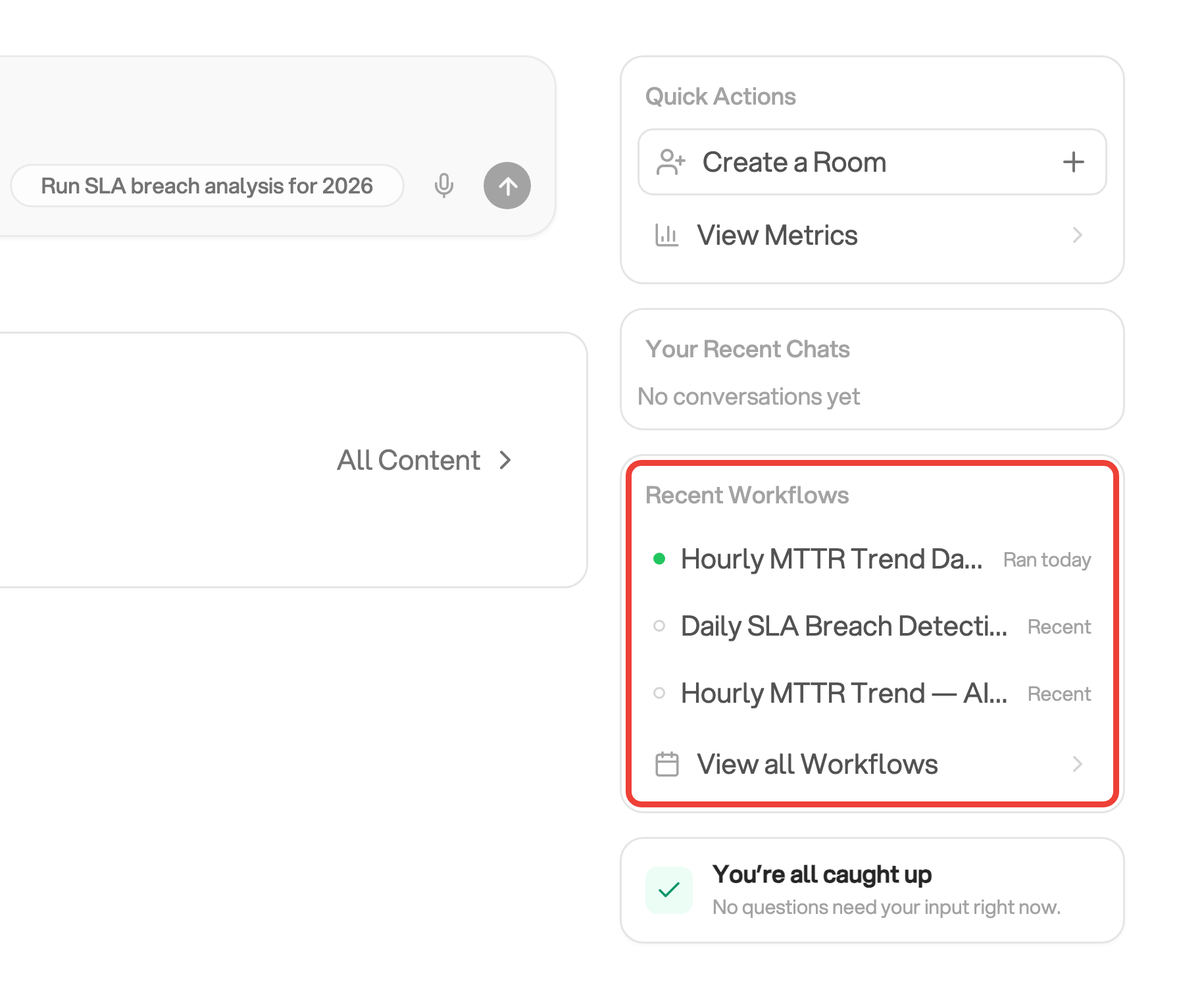 The project home screen's right-hand panel beside part of the chat input and content section. Recent Workflows and its View all Workflows link are outlined in red