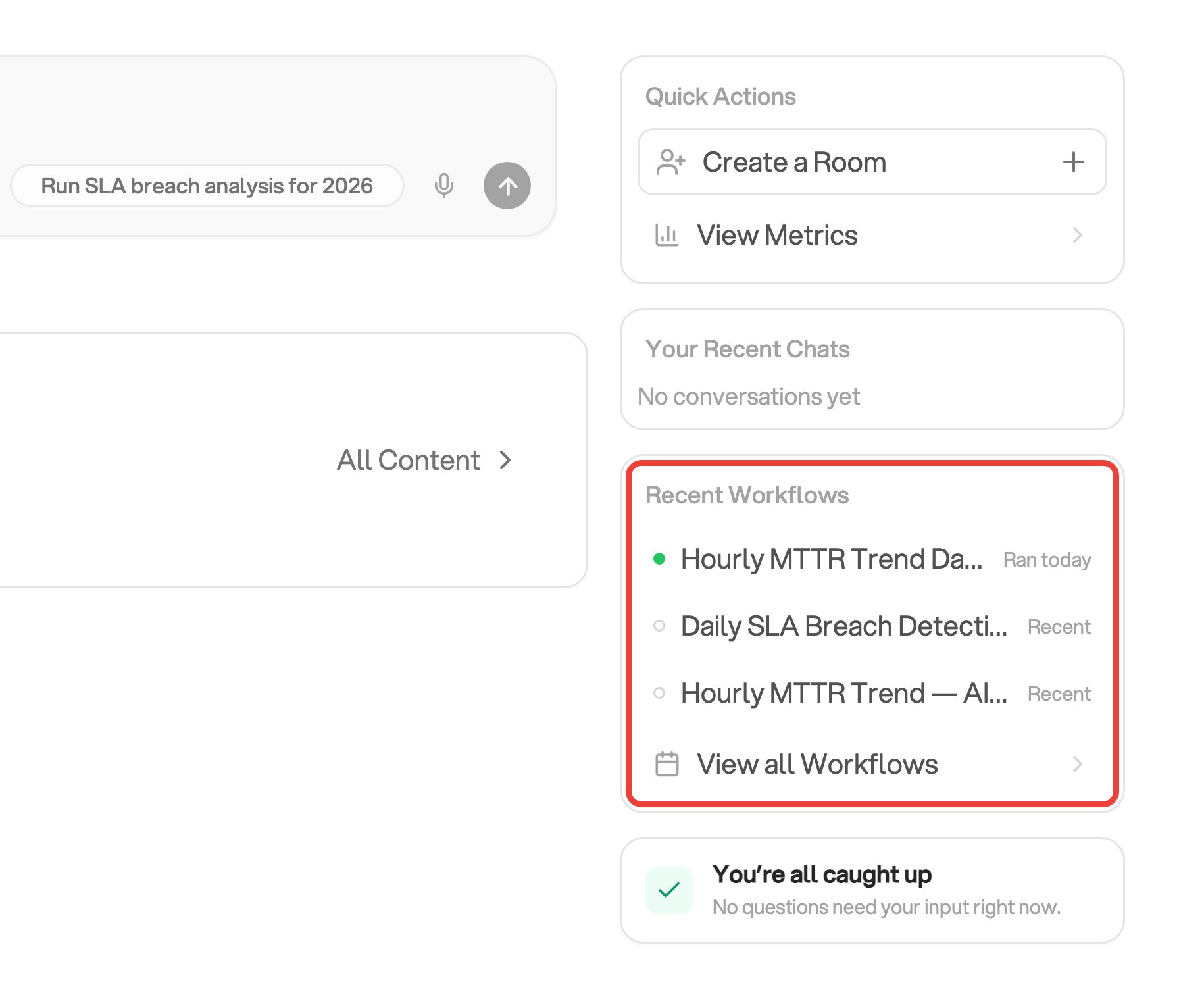The project home screen's right-hand panel beside part of the chat input and content section. Recent Workflows and its View all Workflows link are outlined in red