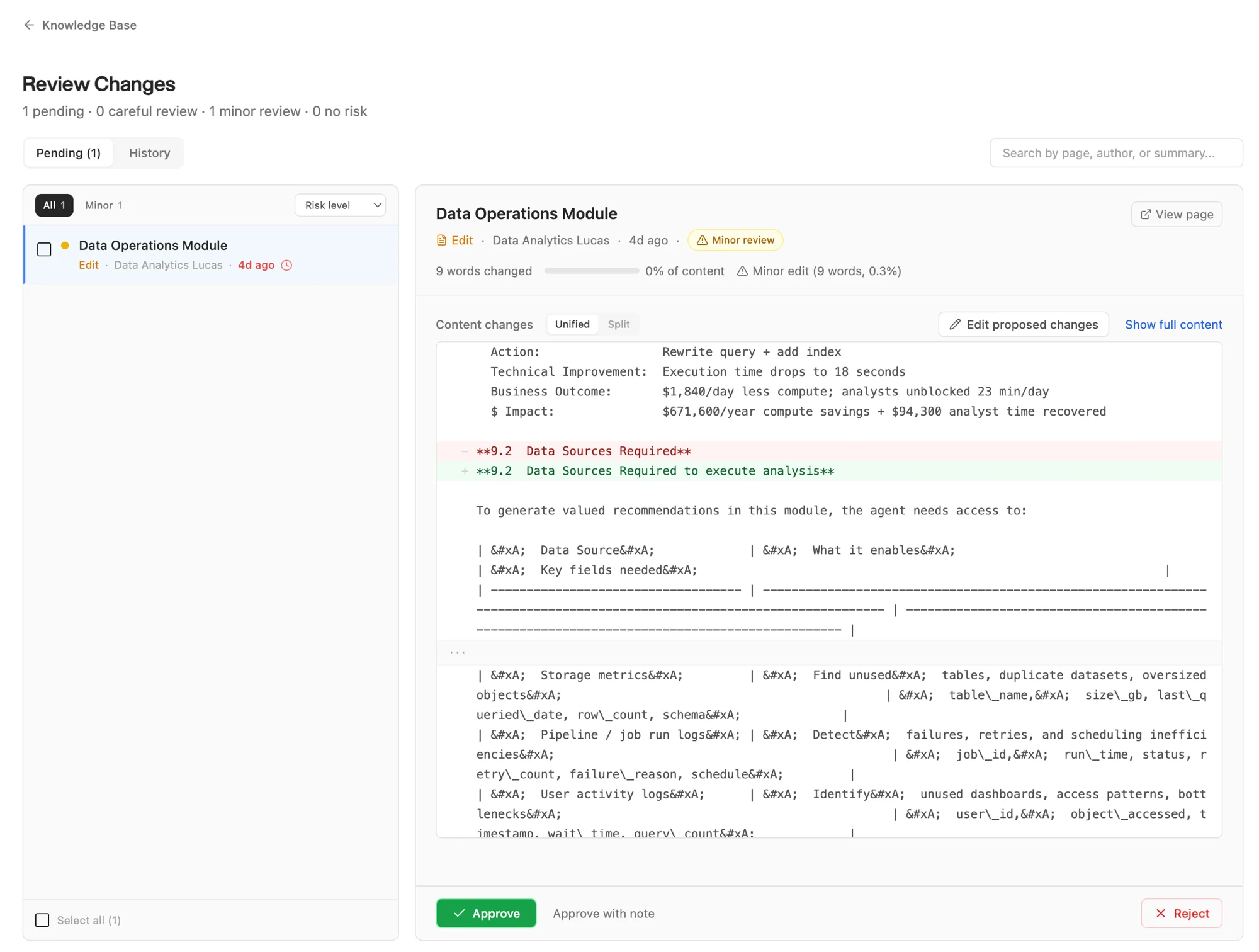 Review Changes screen showing a pending edit with a unified diff view, risk level badge, and Approve / Reject buttons