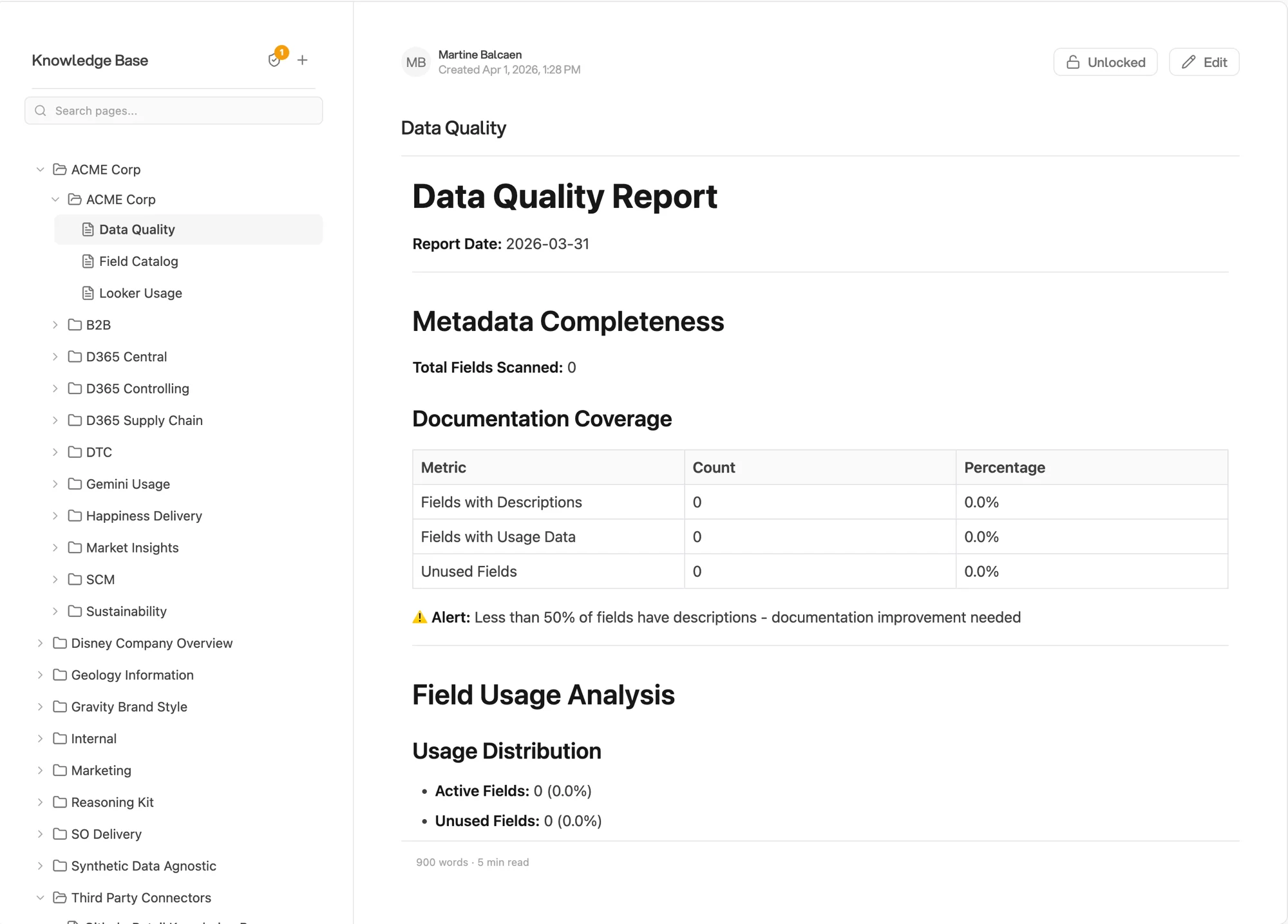 Knowledge Base page view showing the Unlocked button in the top right corner next to the Edit button