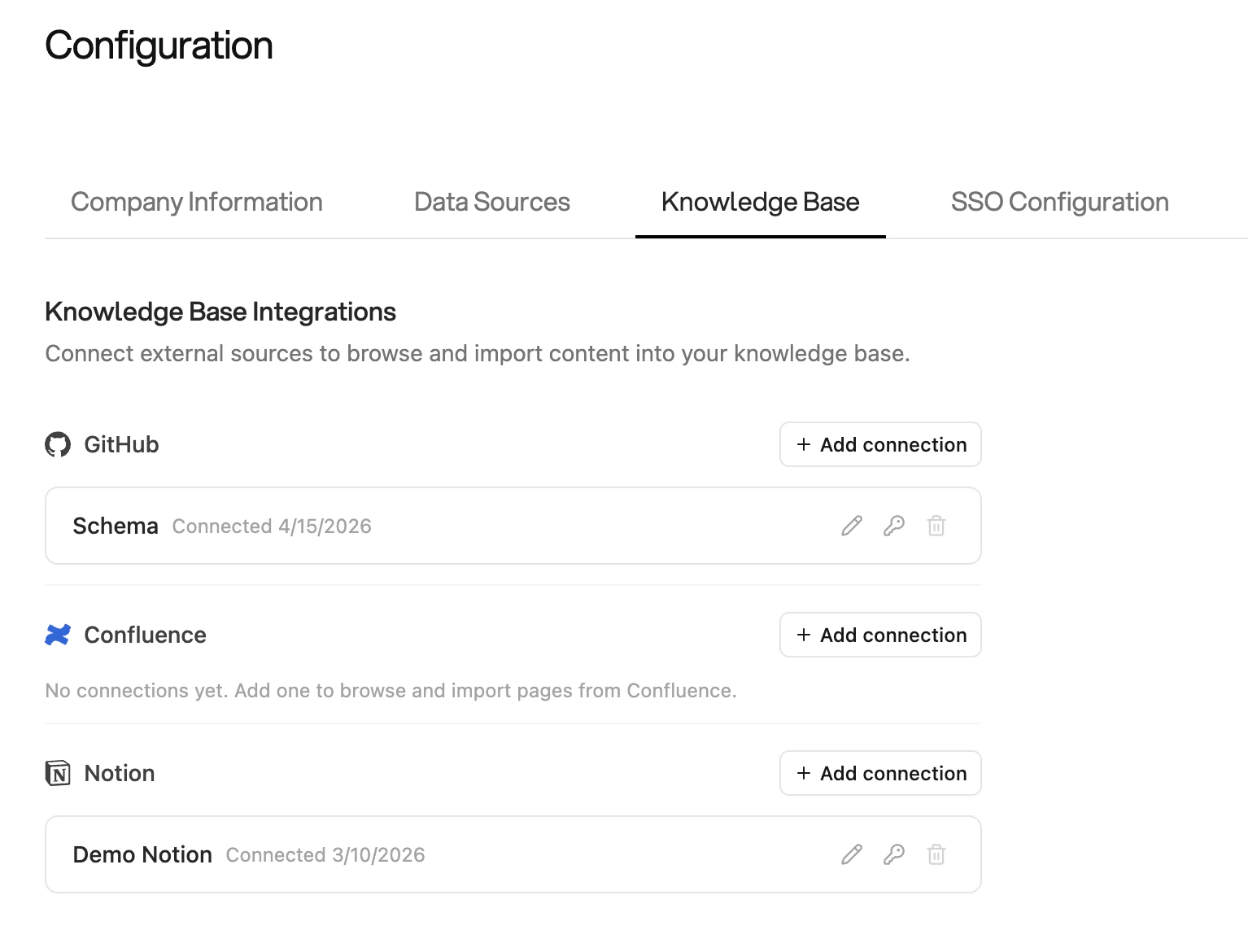 Configuration > Knowledge Base tab showing GitHub, Confluence, and Notion integrations with existing connections and Add connection buttons