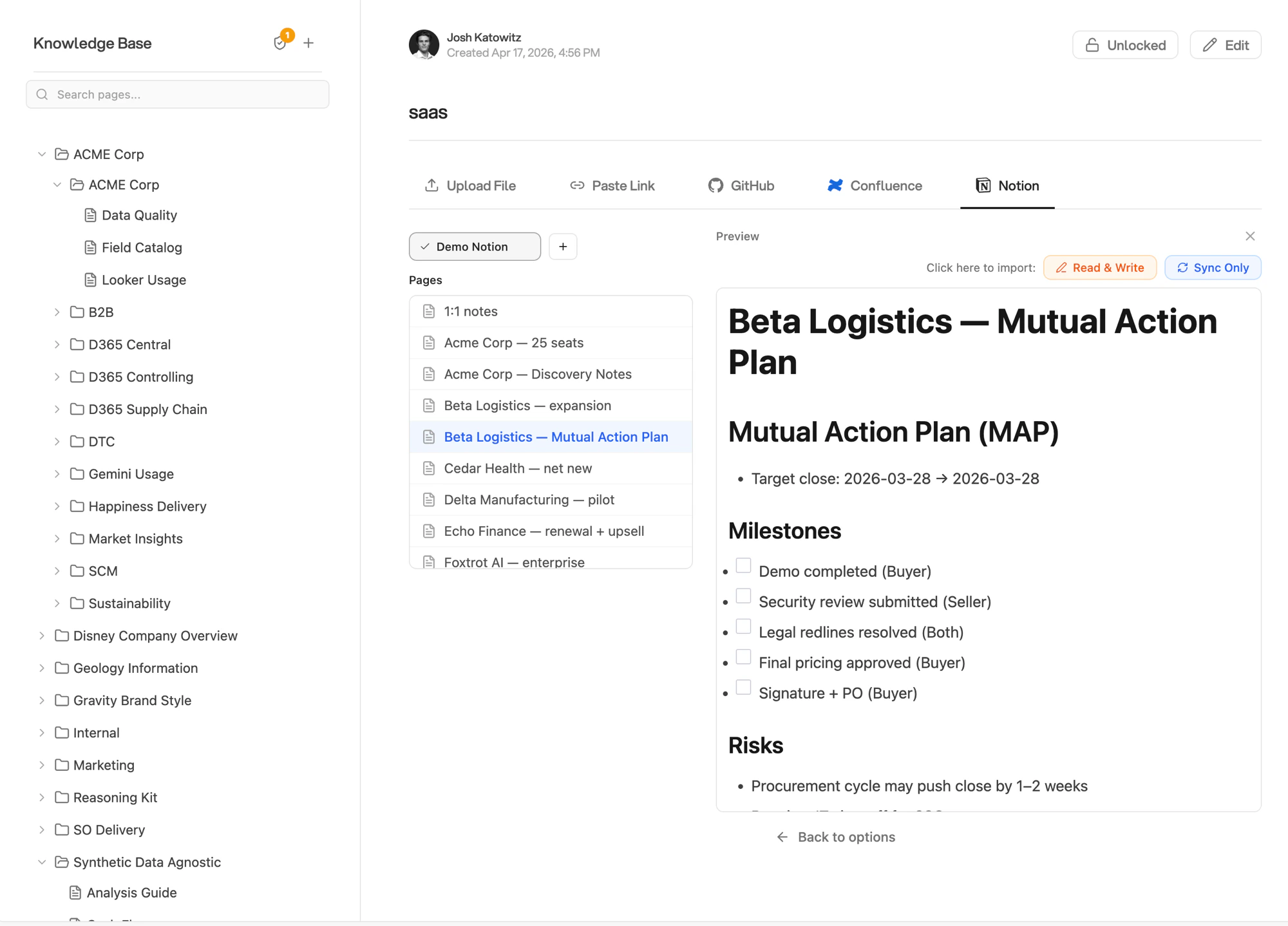 Import panel showing the Notion tab selected with a connection picker, page list, and markdown preview with Read & Write and Sync Only options