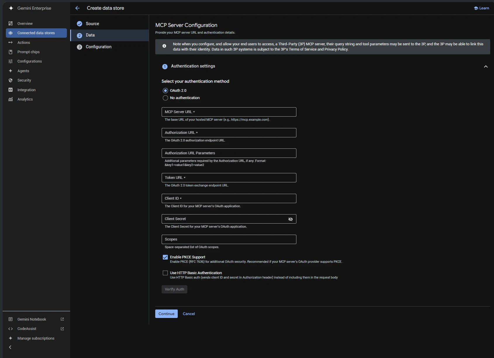 The MCP Server Configuration form in the Create data store flow, with Enable PKCE Support checked and Use HTTP Basic Authentication unchecked
