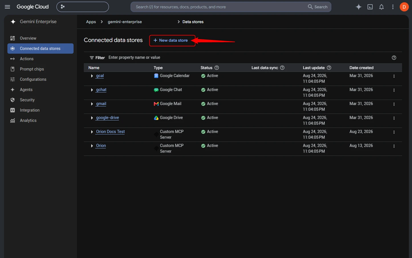 The Connected data stores page in the Google Cloud console with the New data store button highlighted