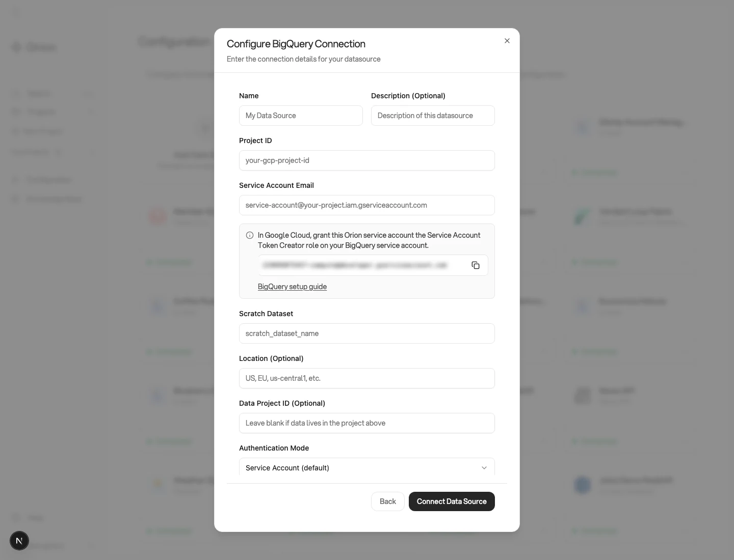 The Configure BigQuery Connection form in Orion, with the Orion Service Account shown under the Service Account Email field