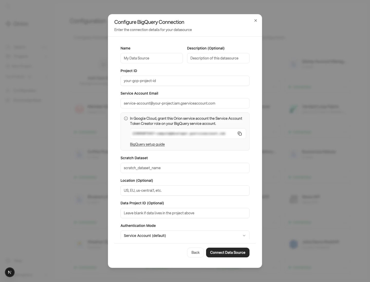 The Configure BigQuery Connection form in Orion, with the Orion Service Account shown under the Service Account Email field