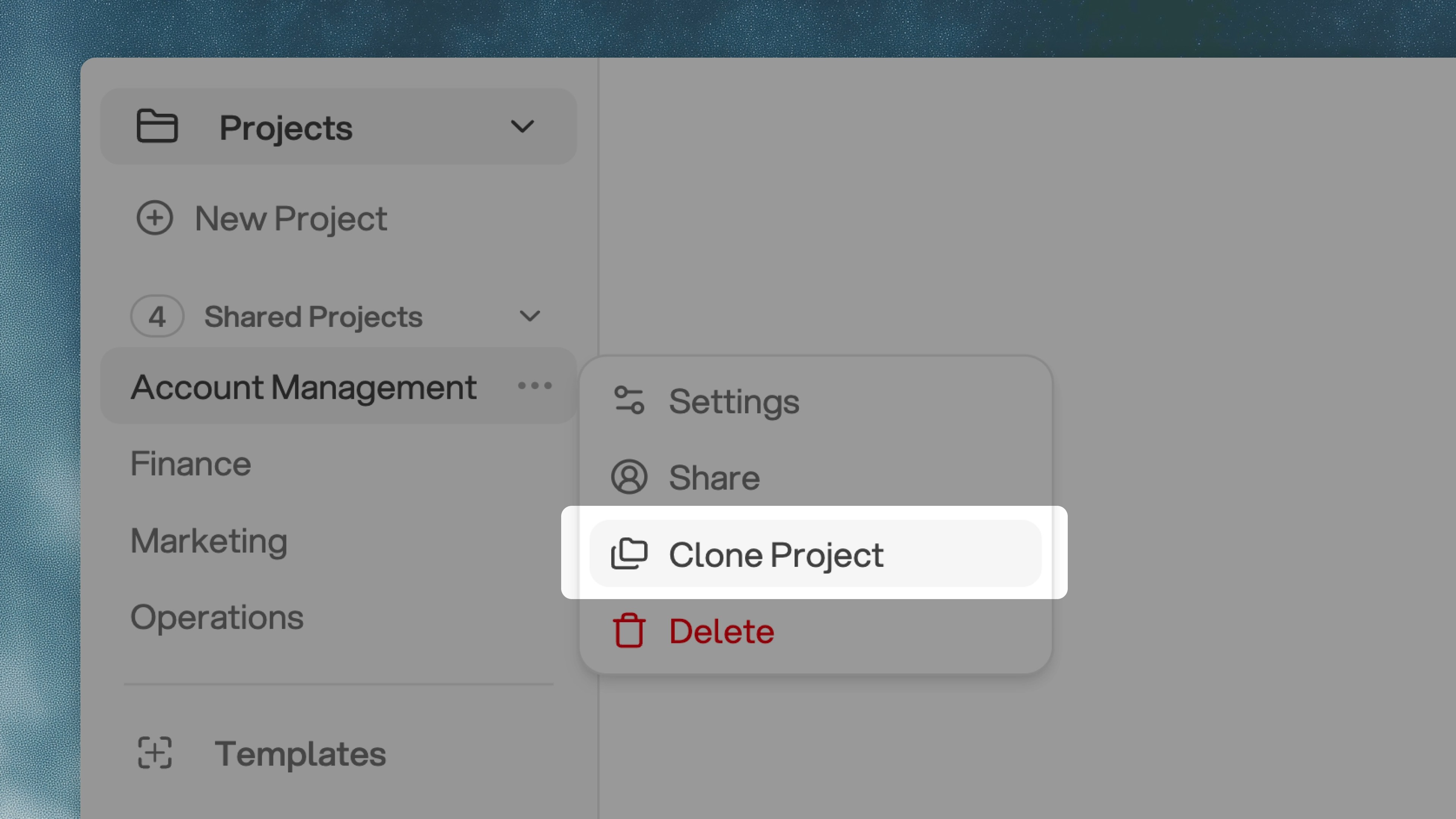 Clone project option in project dropdown menu