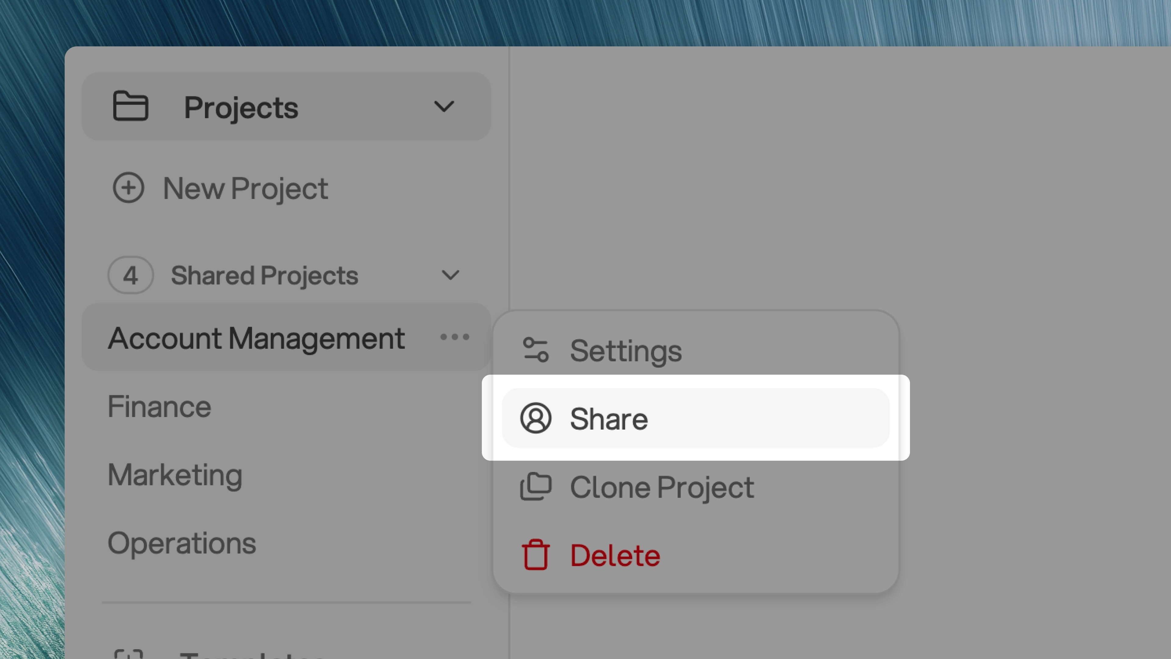 Share button in upper right corner of project interface