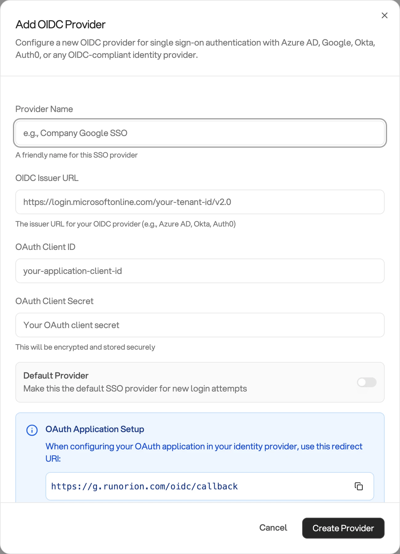 The Add OIDC Provider dialog, showing the Provider Name, OIDC Issuer URL, OAuth Client ID and OAuth Client Secret fields in order, then a blue OAuth Application Setup panel carrying the redirect URI, above the Cancel and Create Provider buttons
