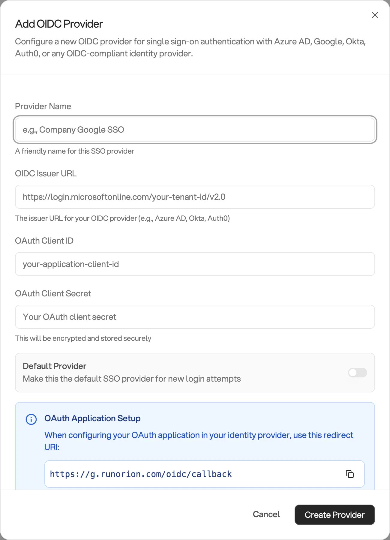 The Add OIDC Provider dialog, showing the Provider Name, OIDC Issuer URL, OAuth Client ID and OAuth Client Secret fields in order, then a blue OAuth Application Setup panel carrying the redirect URI, above the Cancel and Create Provider buttons